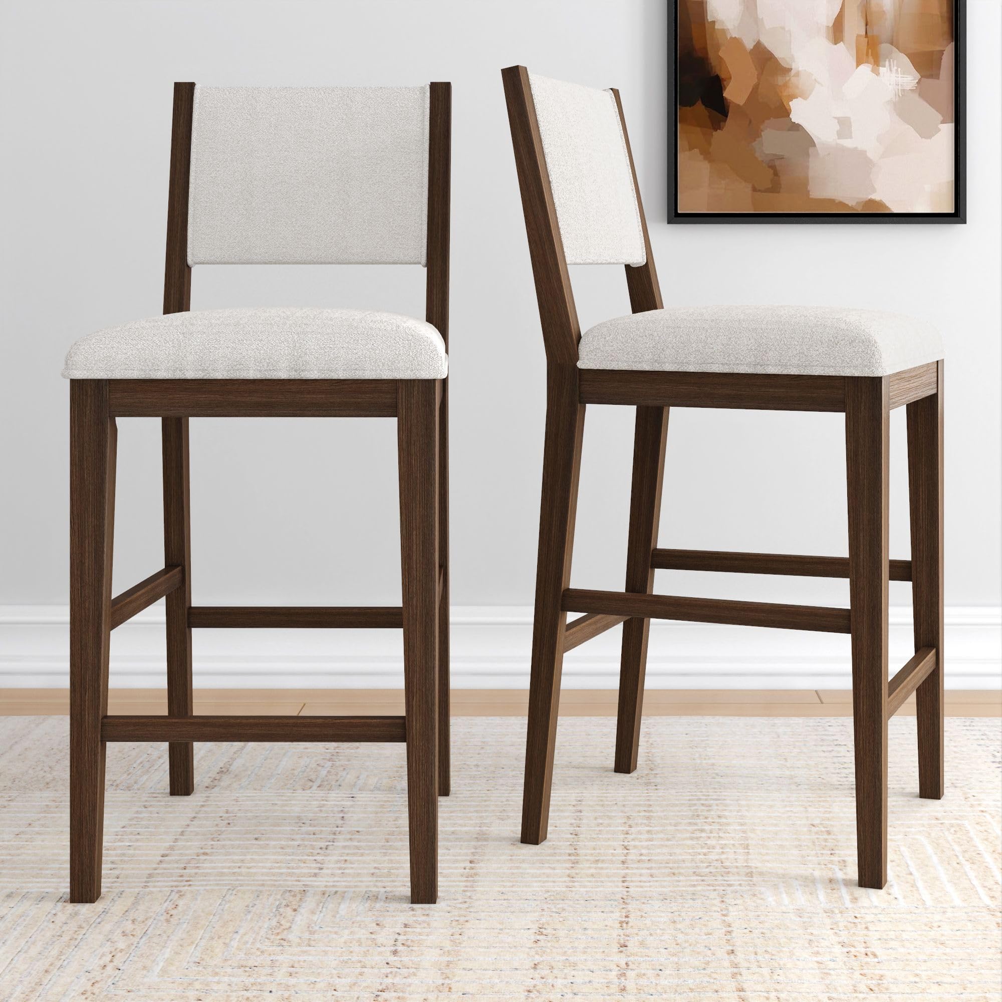 Plank+Beam Sereno Bar Stool, 30", Set of 2, Sturdy Wood Modern Kitchen Bar Height Stool, Upholstered Cushion Bar Chair with Back, Walnut/Ivory