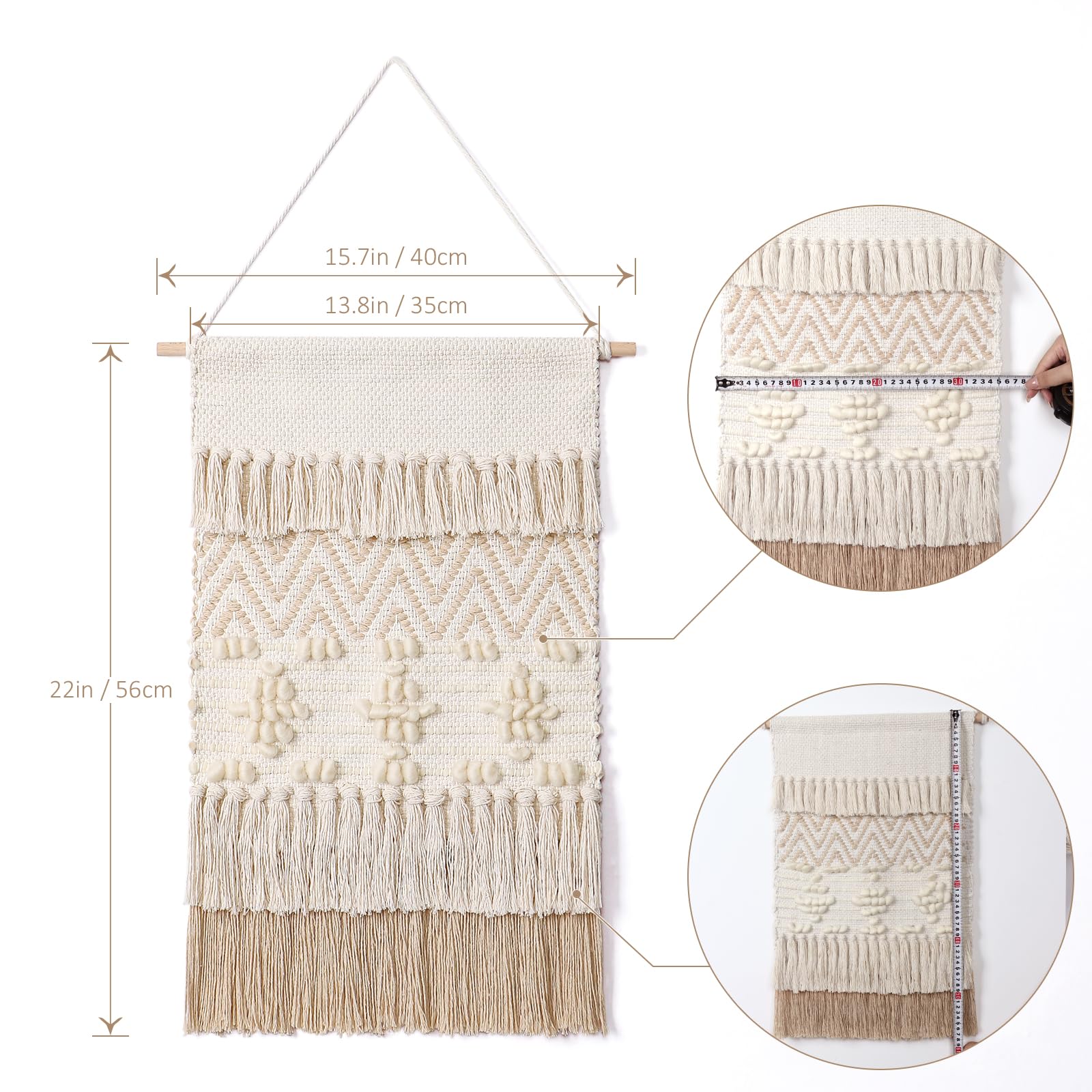 Macramé tejido para colgar en la pared, decoración bohemia de ondas geométricas beige con bola de lana y borla, elegante apartamento, dormitorio, habitación, decoración de puerta, 15.7 3