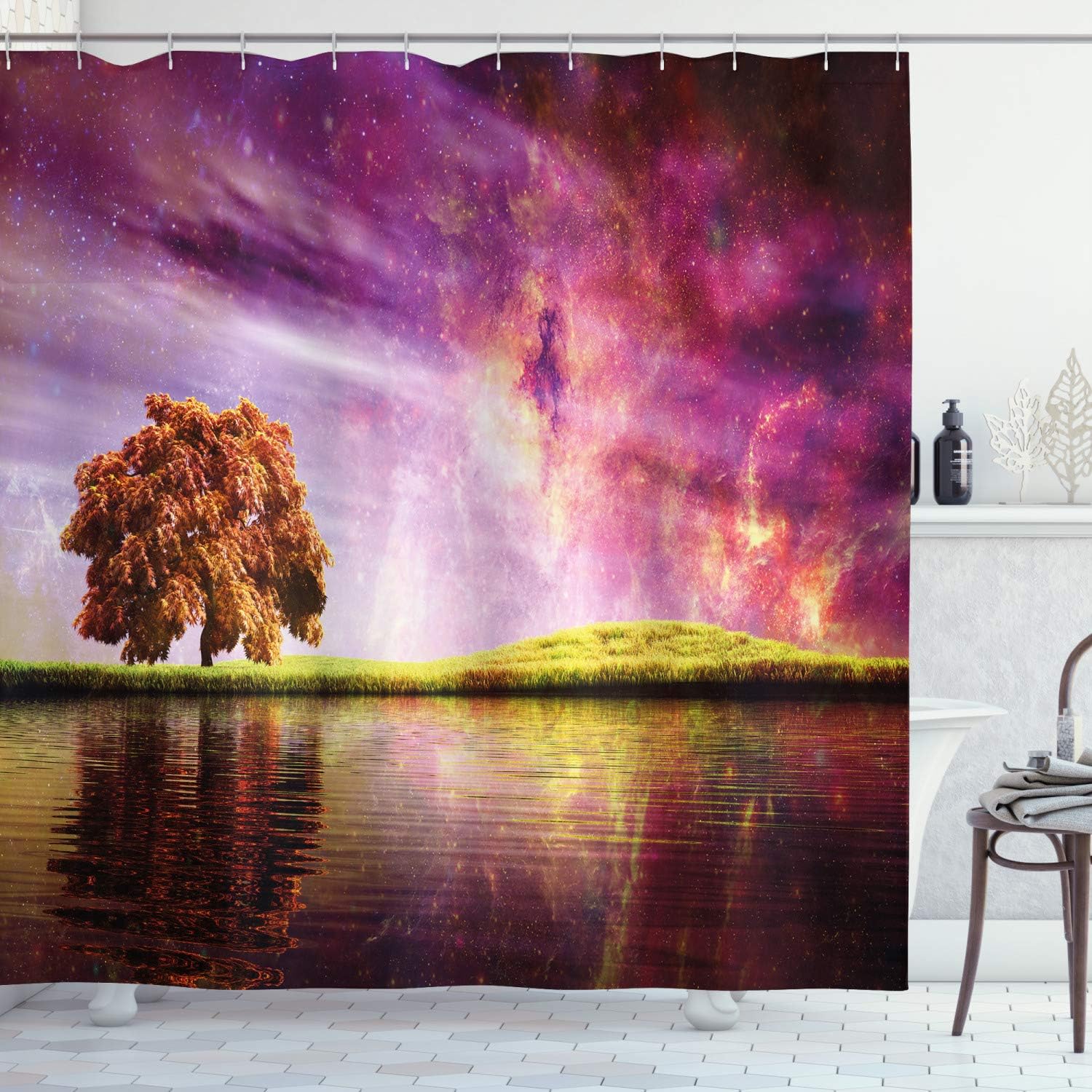 Ambesonne Magic Shower Curtain, Supernatural Sky Scenery with Mystical Northern Solar Theme and Star Clusters Photo, Cloth Fabric Bathroom Decor Set with Hooks, 69" W x 70" L, Purple