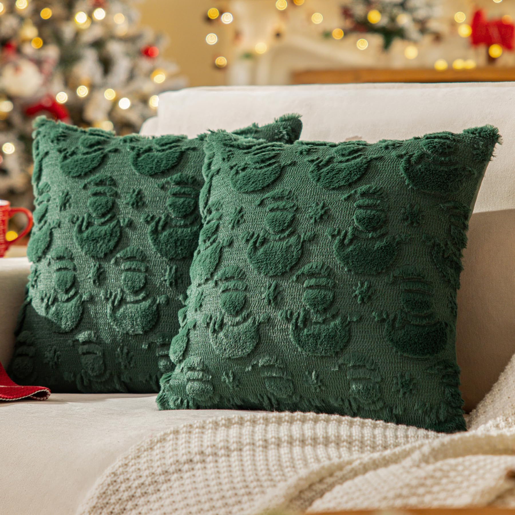 Set of 2 Green Snowman Christmas Throw Pillow Covers 18x18 Inch, Farmhouse Faux Fur Snowflake Decorative Pillow Covers for Thanksgiving Home Decor Sofa Cushion Covers Soft Fuzzy Pillowcases