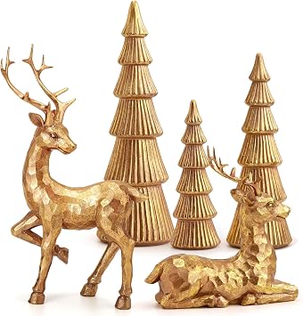 Hommtina Reindeer Christmas Decoration and Mini Trees, Lucky Reindeer Statues for Indoor Home Decor, Tabletop Mantle Cabinet Desktop Office Rose Gold