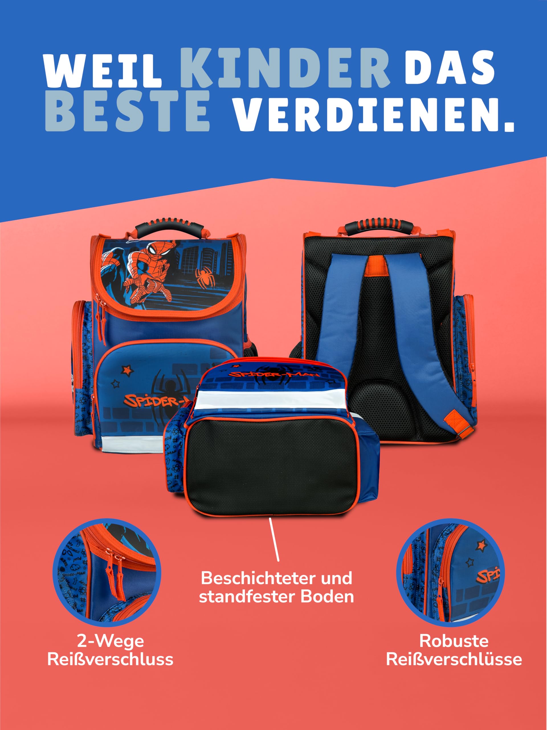 Familando - Schulranzen Set CLOU - 9-teilig mit Sporttasche - Marvel Spiderman - Ergonomisch, stabil & mit gepolstertem Rücken - 930g leicht - 15L Volumen - Mit Reflektoren - ab 1. Klasse