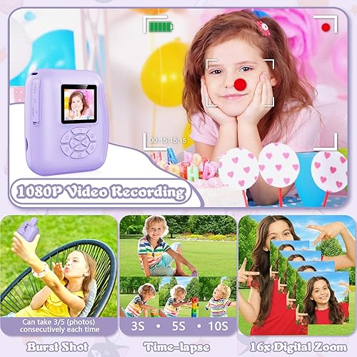 Miniatura 4 de Cámara para niños, impresión instantánea, regalos de cumpleaños de Navidad para niñas de 3 a 10 años, cámara digital selfie de 12 MP para niños
