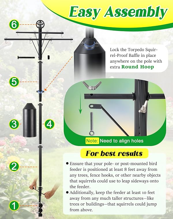 Ceoighe 95 Inch Bird Feeder Pole with Torpedo Squirrel Proof Baffle, Heavy Duty Steel Squirrel Proof Pole System with Hanging Stations, Ideal for Holding 8 Feeders, Wind Chimes, Plants by Ceoighe - Used condition - Image 2