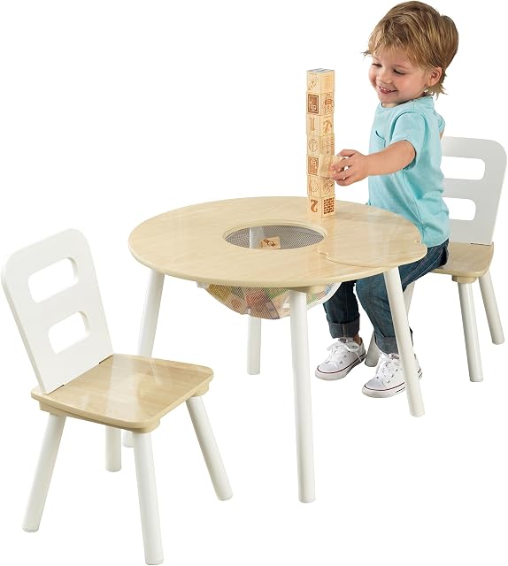KidKraft 27027 Round Wooden Storage Table with 2 Chairs Kids Children's Playroom/Bedroom Furniture, Natural and White