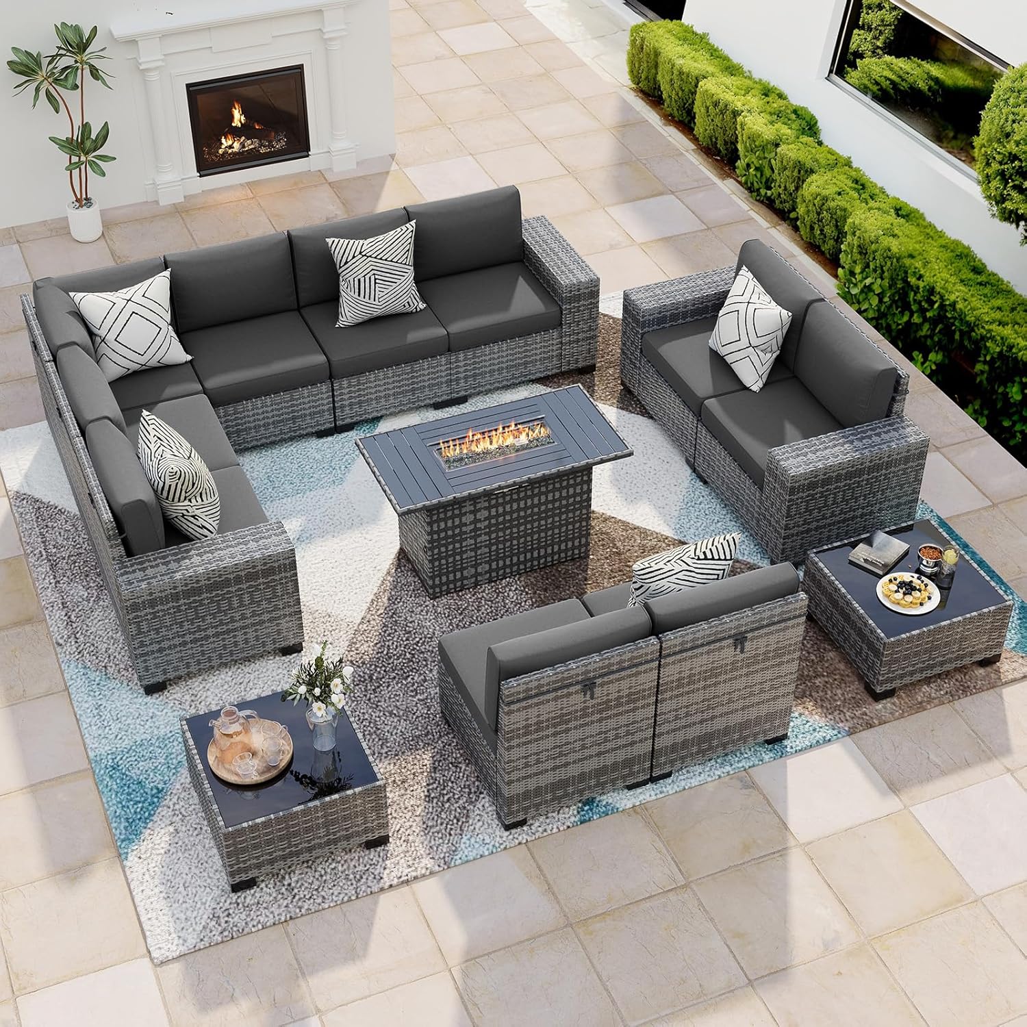 7 Piece Patio Furniture Set with Fire Pit Table, Outdoor Sectional Conversation Sets Black Wicker Rattan Sofa with Coffee Table for Patio Garden Backyard, 4'' Thickened Cushion Black