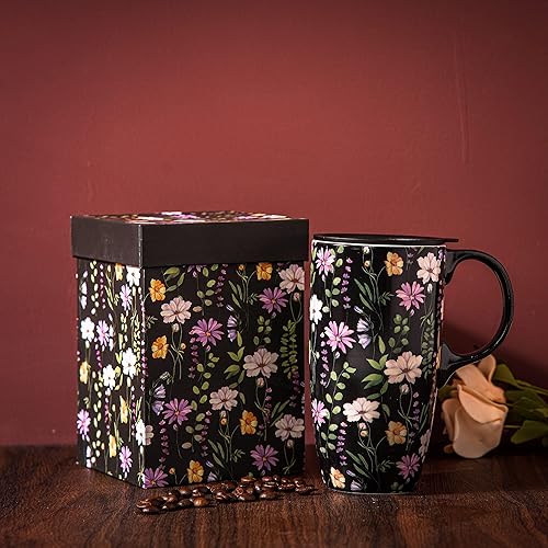 Miniatura 2 de DUSVALLY Taza de café de cerámica con tapa, taza de té de latte de porcelana con asa, 17 onzas, color negro