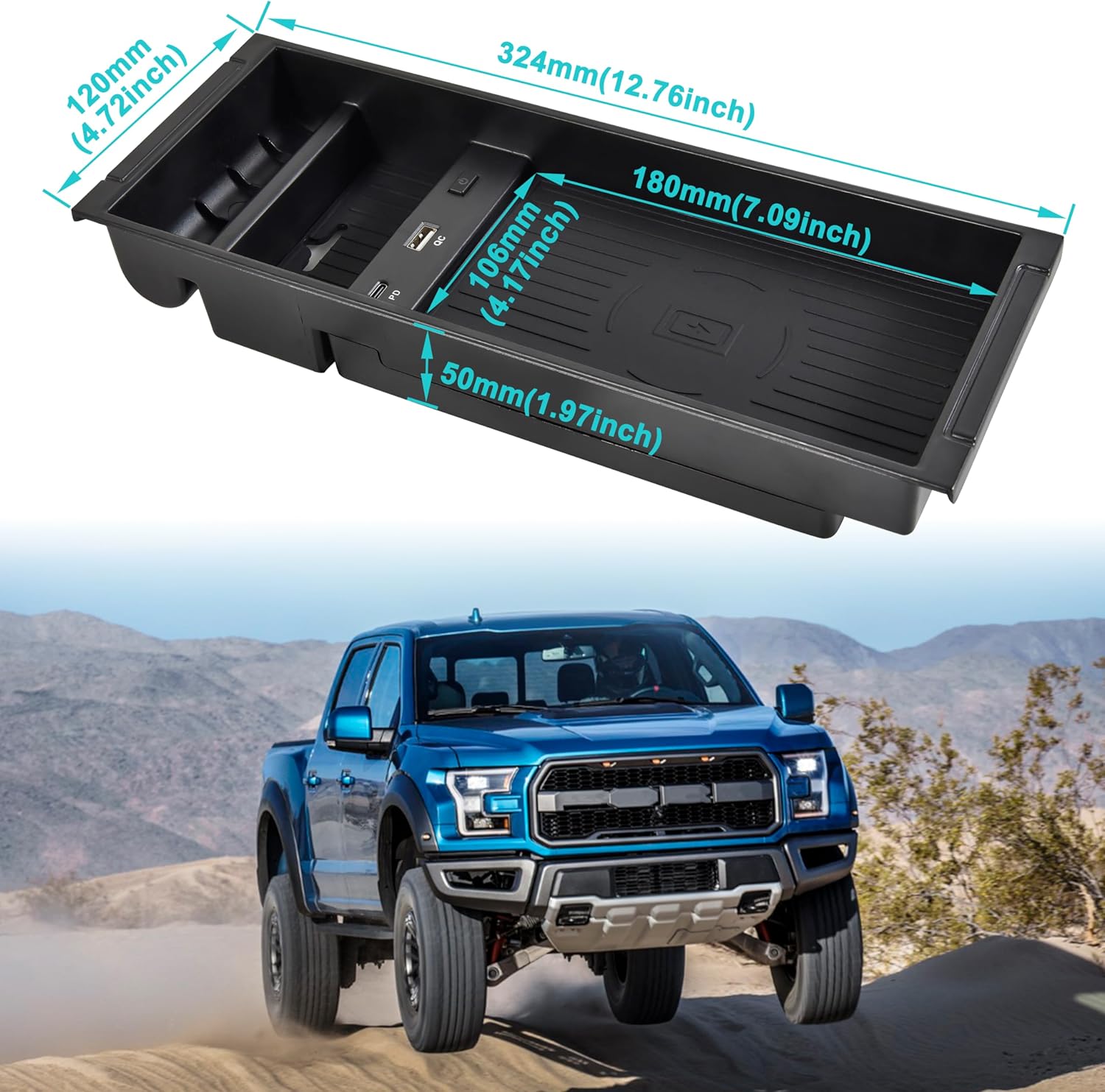Wireless Charger for Ford F150 F250 F350, Center Console USB-A USB-C Fast Wireless Chargering Panel Organizer for Ford F150 2009-2023 F250 F350 2017-2023 Accessories