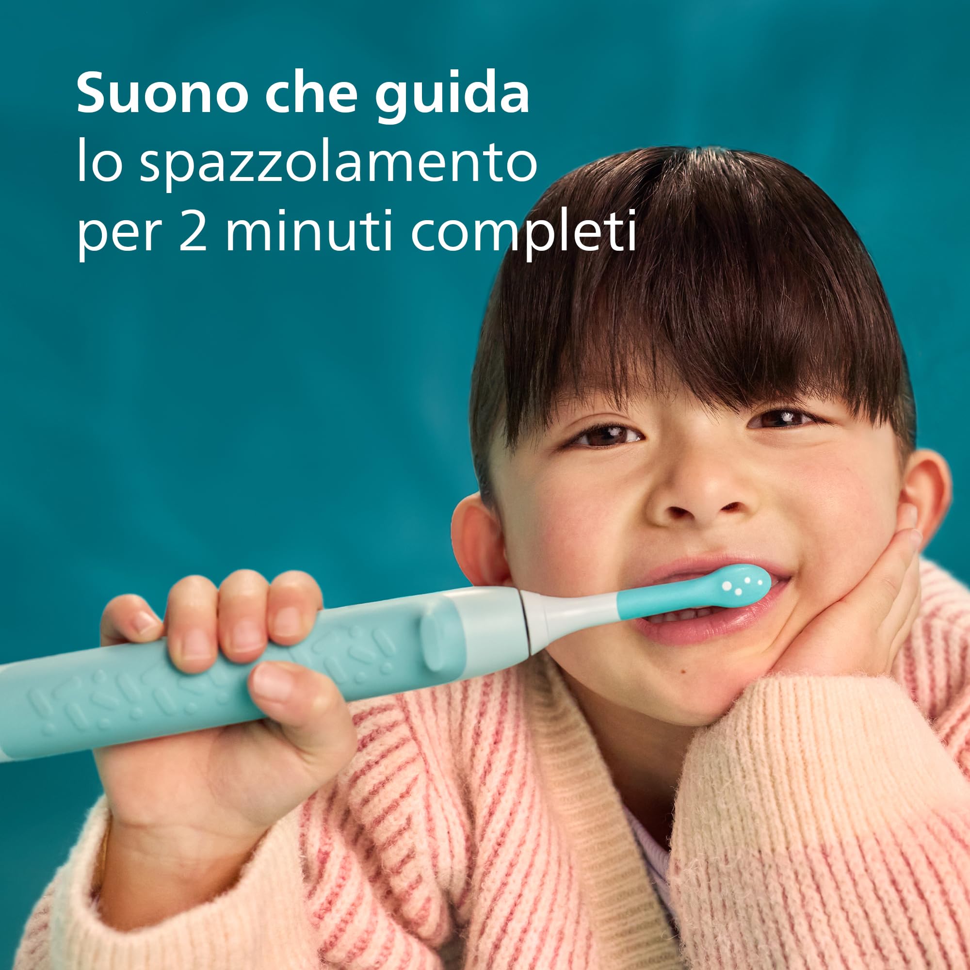 Spazzolino elettrico Philips Sonicare for Kids - Spazzolino sonico per bambini dai 3 anni in su, 2 modalità delicate, timer con audio da 2 minuti, 2 testine mini, verde acqua, modello HX6500/23