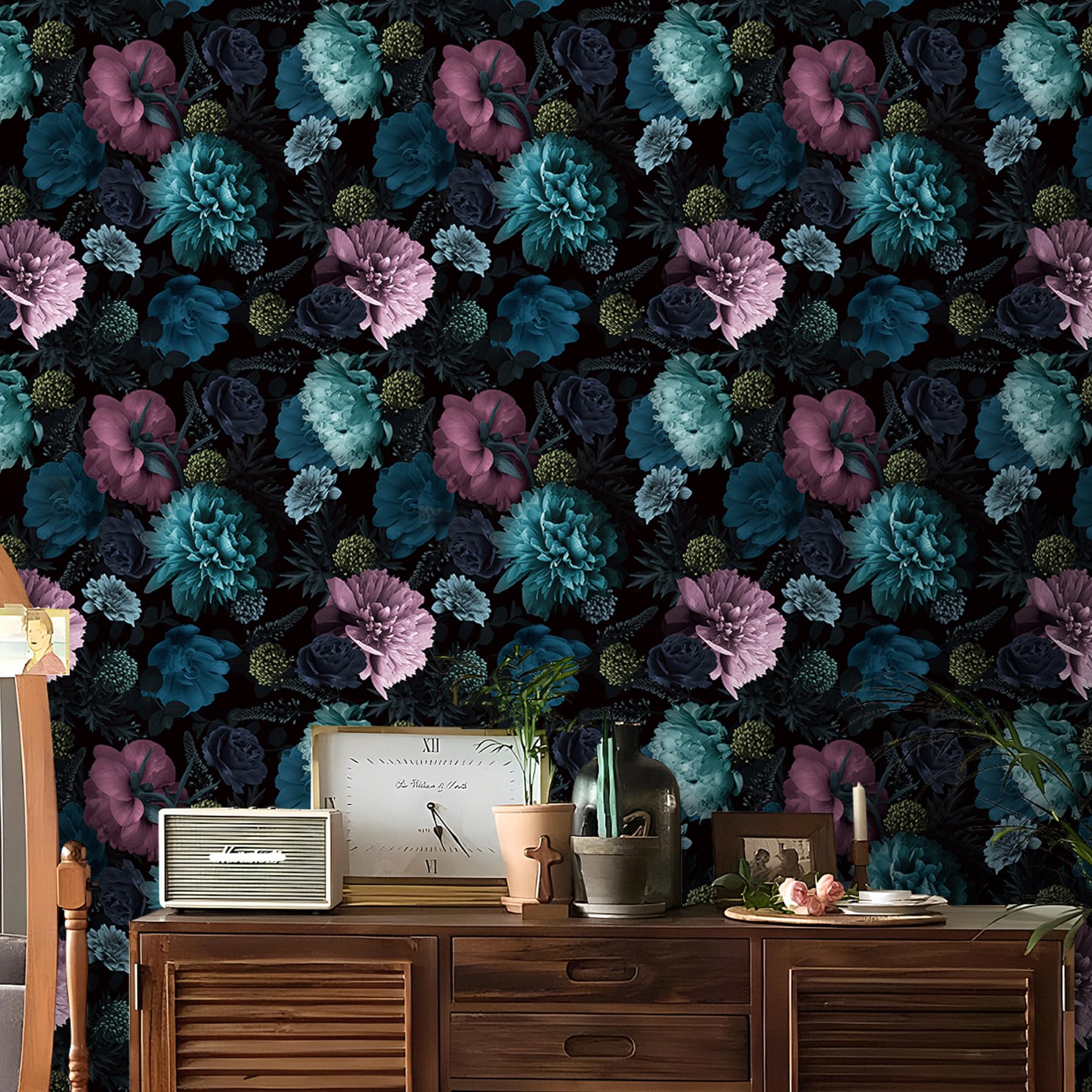 Stickyart Tapete Selbstklebend Blumentapete Retro Blau&Lila 44.5cmX700cm Klebefolie Möbel Möbelfolie Selbstklebende Deko Folie Tapete Schlafzimmer Vintage Wanddeko Wandtapete Wohnzimmer Schlafzimmer