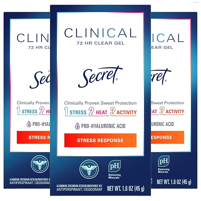 Secret Clinical Strength Antiperspirant Deodorant for Women, Stress Response, 3X Stress Protection, 72hr Sweat & Odor Protection, PH Balancing Minerals, Clear Gel, 1.6 oz (Pack of 3)