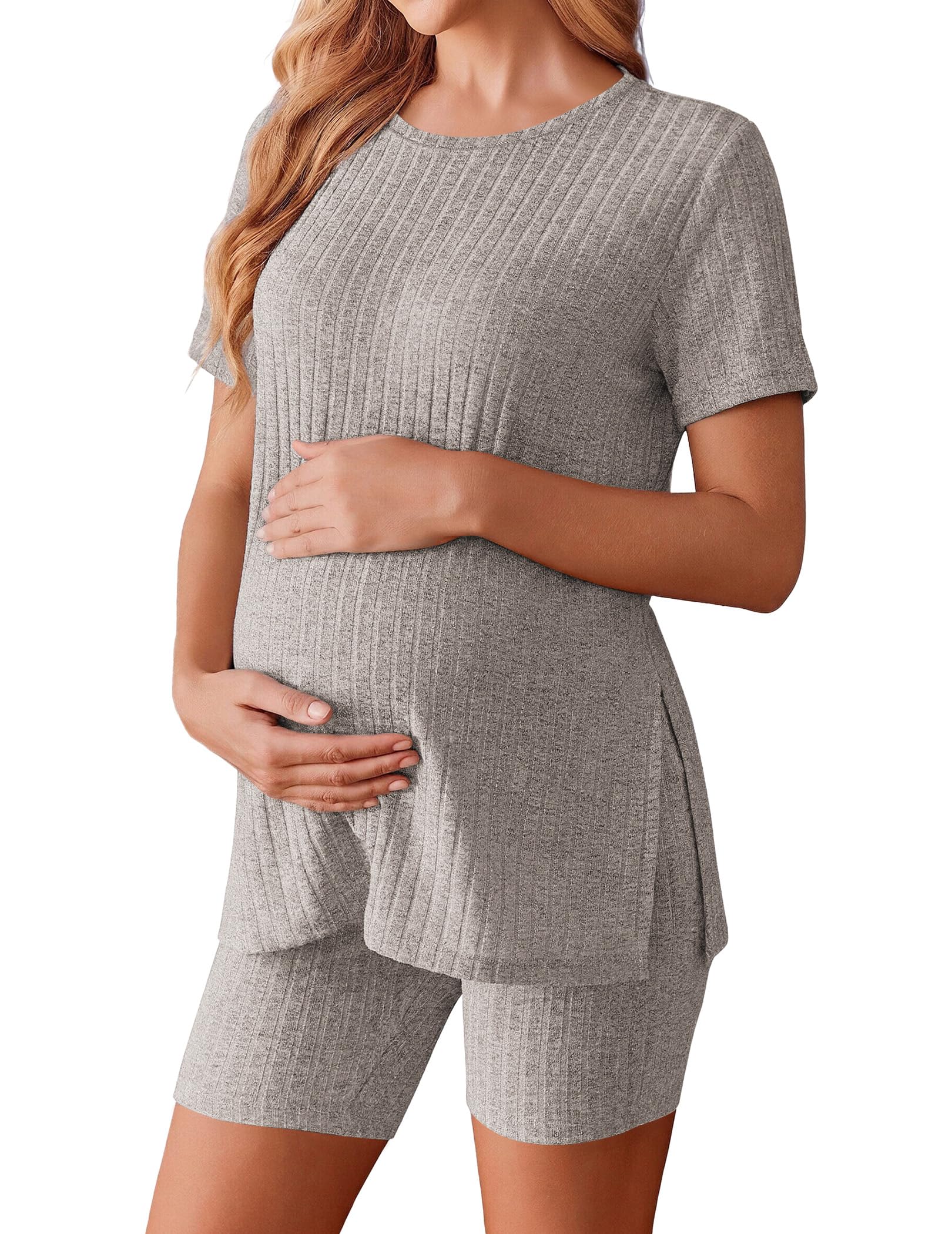 Ekouaer Women's Maternity 2 Piece Sets Short Sleeve Shirts and Biker Shorts