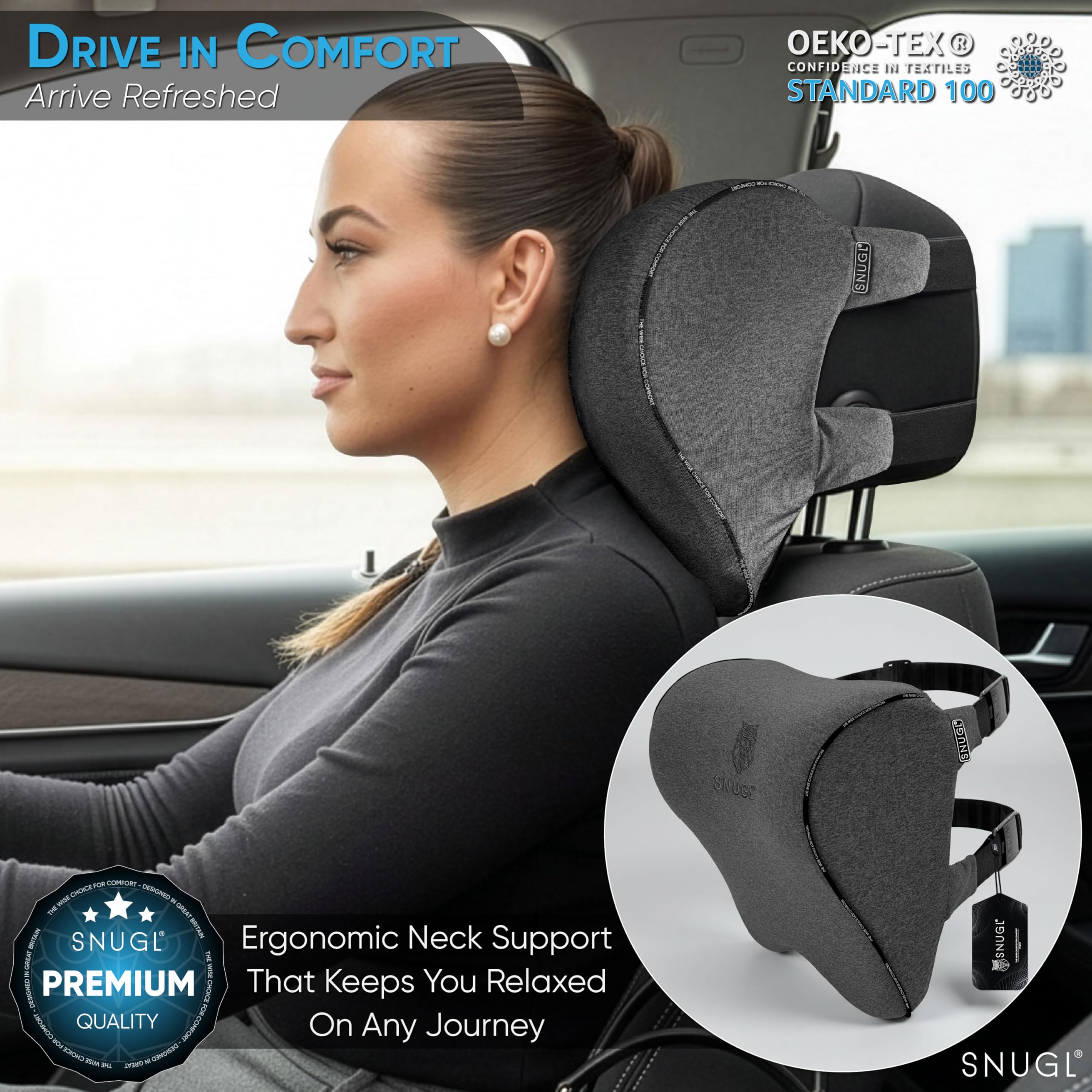 SNUGL Almohada Cervical para Coche | Cojín Reposacabezas de Espuma Viscoelástica | Soporte para Cuello, Cabeza y Hombros | Cojín de Viaje Ergonómico (Gris)