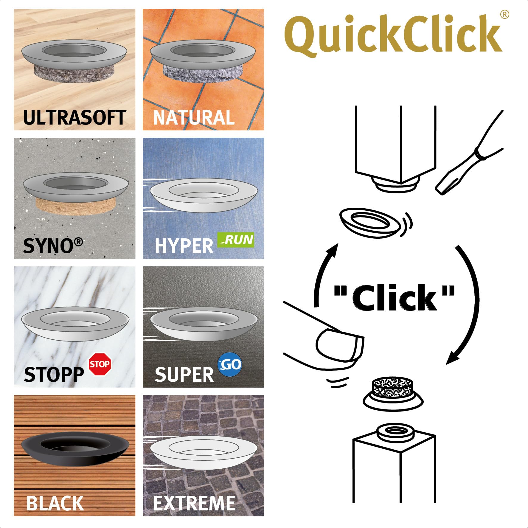 WAGNER QuickClick® Plastic Glides Furniture Glides I Set Of 4 Screw-On I 4x Base Part Screw Slide Insert Replaceable - Plastic BLACK - 30 Mm - Made In Germany - 15807300