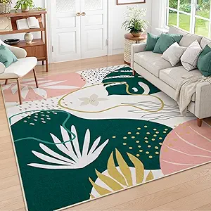 Lahome Washable 8x10 Rug - Non-Slip Living Room Rugs 8x10 Ultra-Thin Large Soft Bedroom Rugs, Boho Botanical Print Indoor Stain Resistant Floor Rug for Dining Room Table Office (8'x10',Green/Pink)