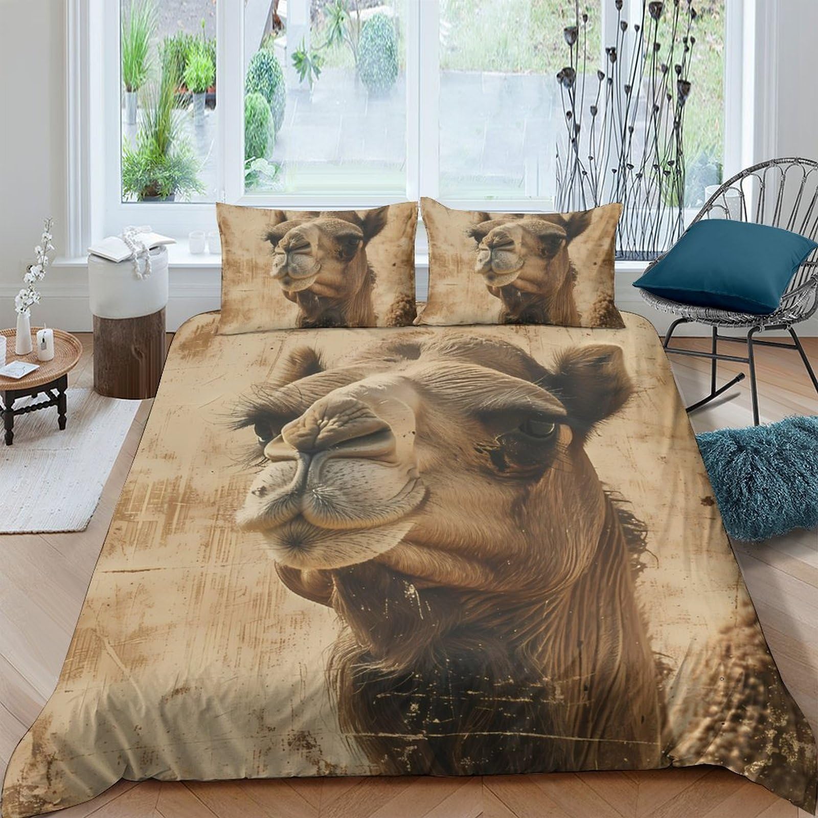 GPLZQXKJNH 3D Printed Camel Desert Duvet Cover Microfiber Soft Breathable Animal Bedding Set with 2 Pillowcases for Bedroom Decor Single（135x200cm）