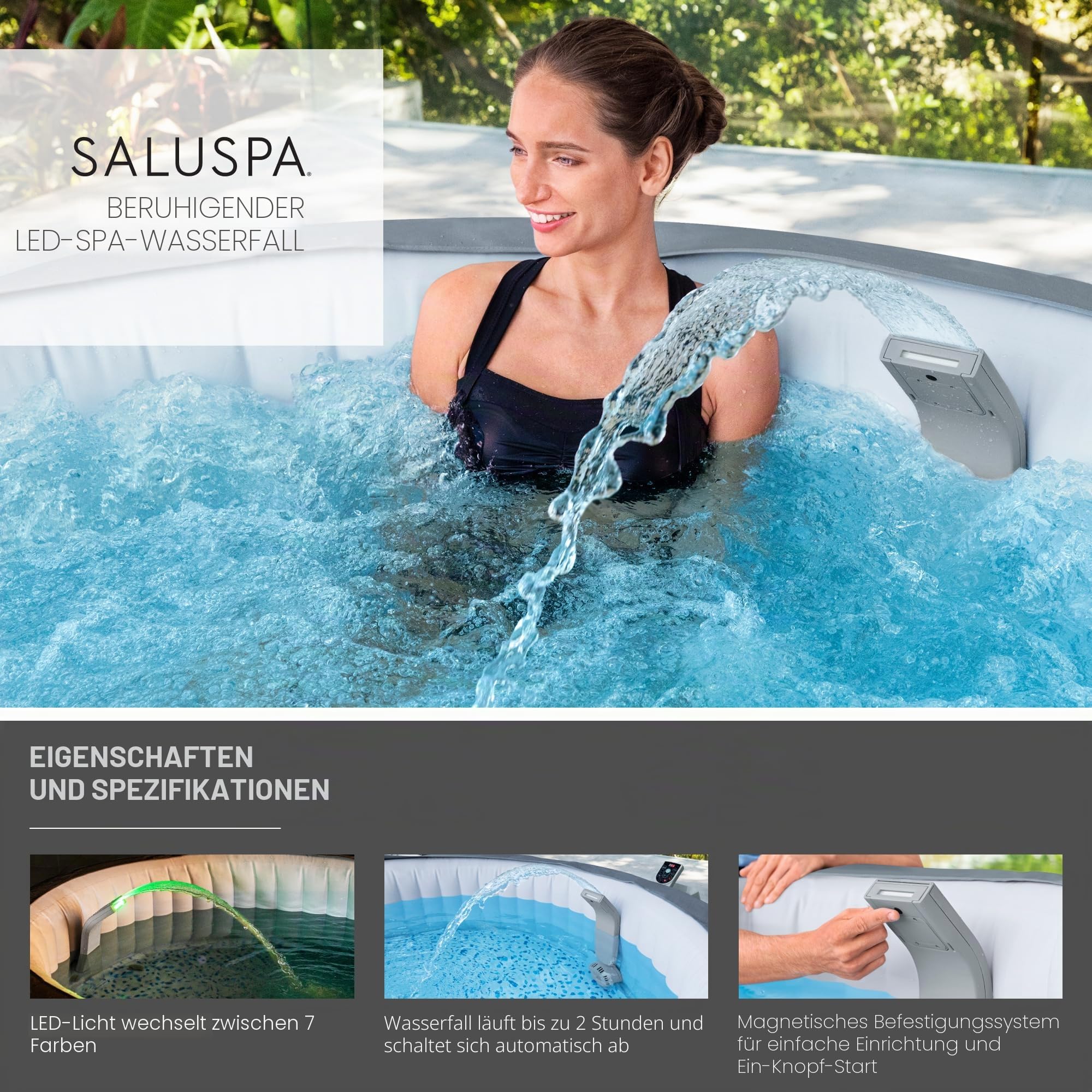 Bestway SaluSpa Wasserfall-Funktion mit LED-Lichtern, integrierte Lichter mit 7 Farbmodi, kompatibel mit den meisten aufblasbaren und tragbaren SaluSpa Whirlpool-Spas von Bestway