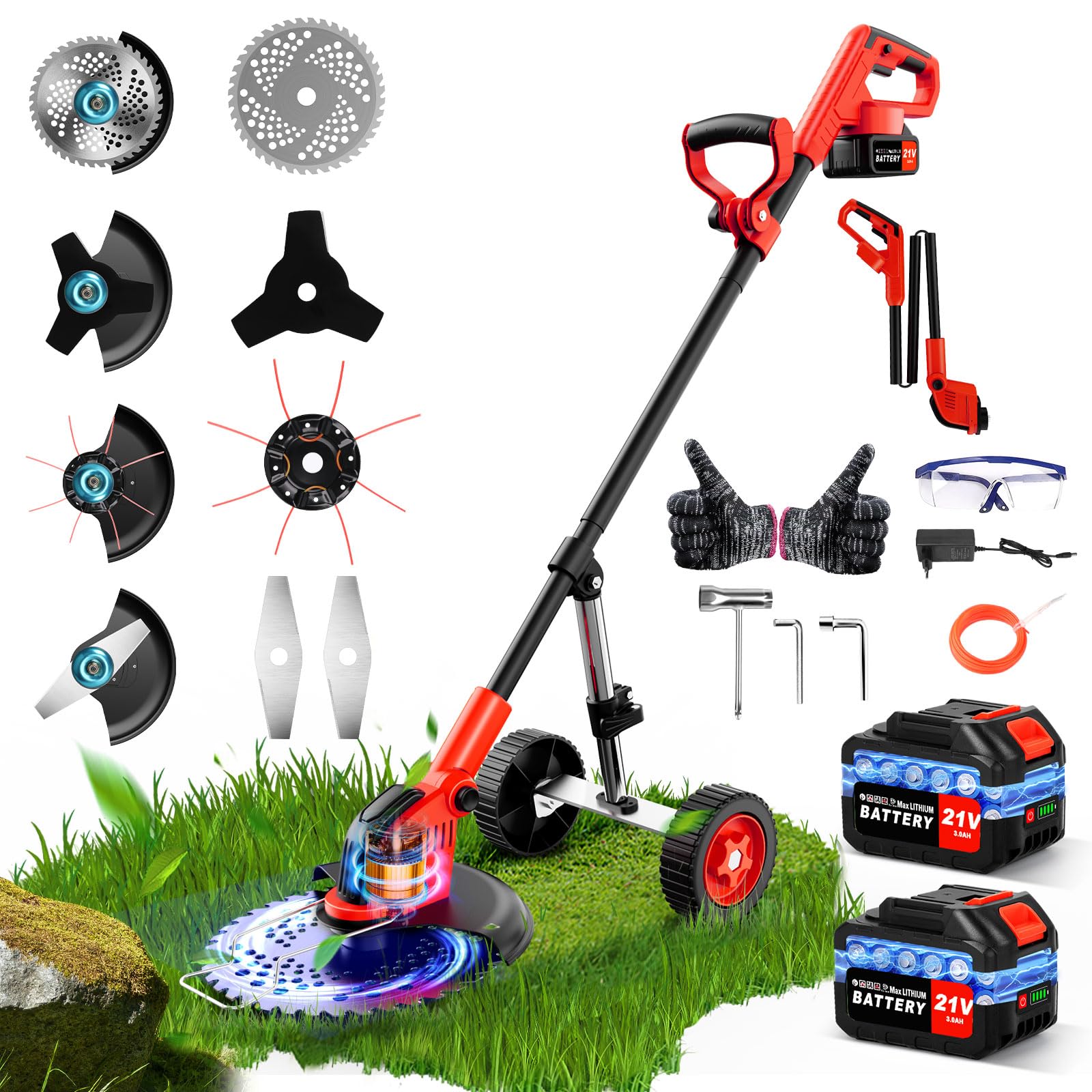 Desbrozadora a Batería con Ruedas 12 Pulgadas, Cortabordes Eléctrico 800W, 2 Baterías 6000mAh, 4 Tipos de Cuchillas Intercambiables, Desbrozadora Eléctrica para Césped, Jardín y Patio