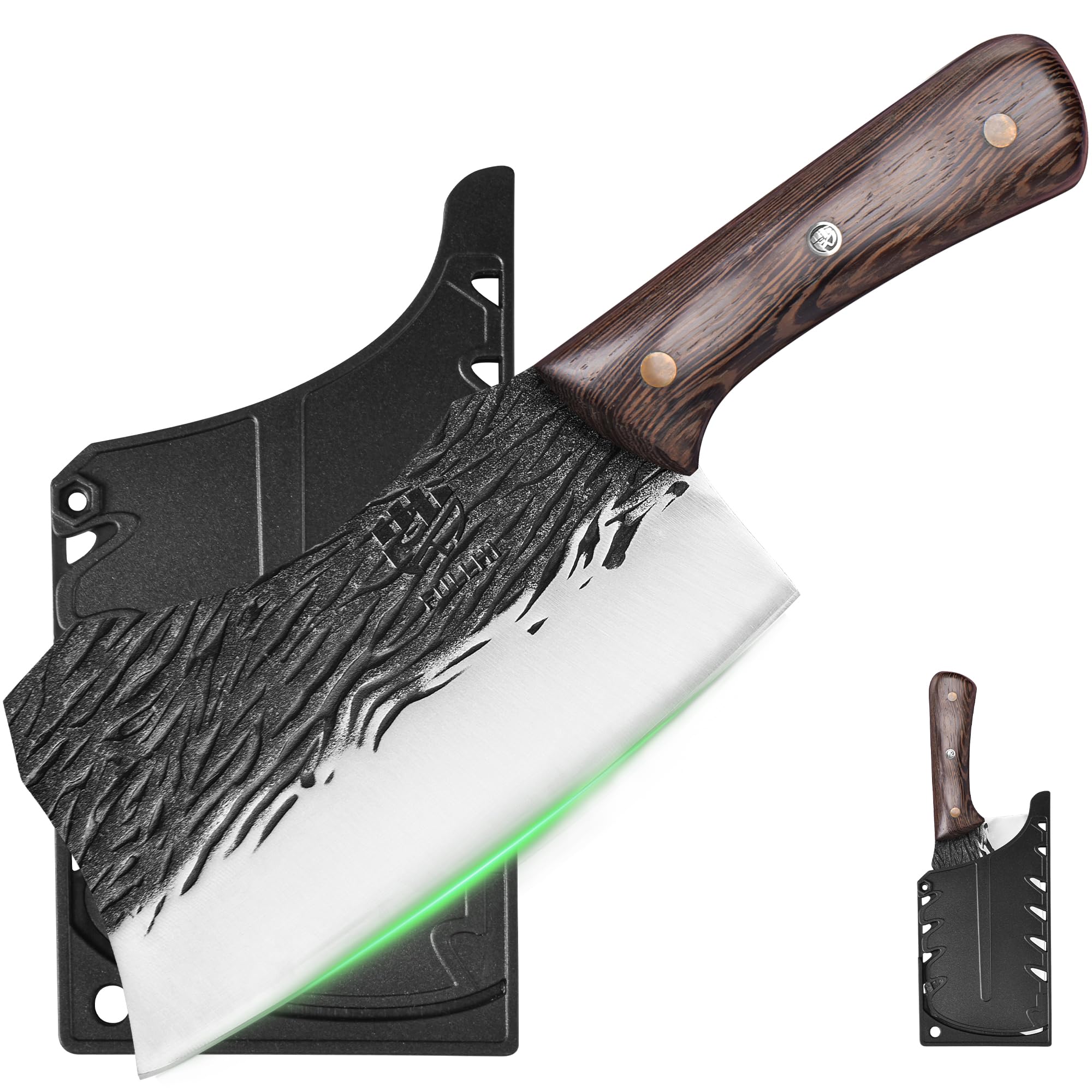 FULLHI Meat Cleaver bbq Cuchillo de Chef con Fundas de Acero al Carbono para Cortar Carne Set de Cuchillos de Cocina para Regalos Idea Hombres mujeres (Marrón, 19,5cm)