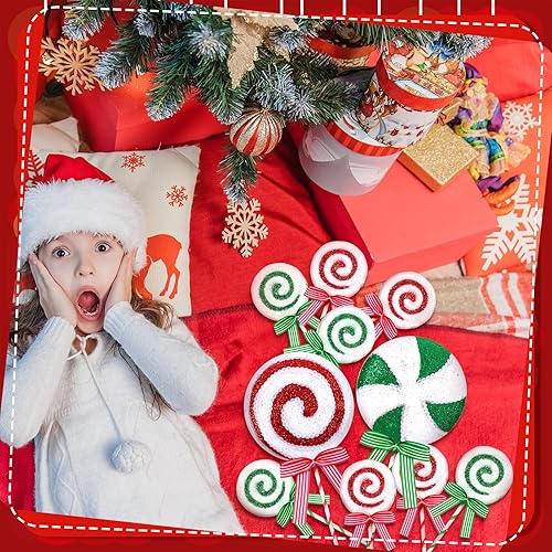 Miniatura 7 de Wettarn 12 púas de árbol de caramelo de Navidad con cinta, decoraciones de Navidad de 5.9 y 14.5 pulgadas, adornos de bastones de caramelo con