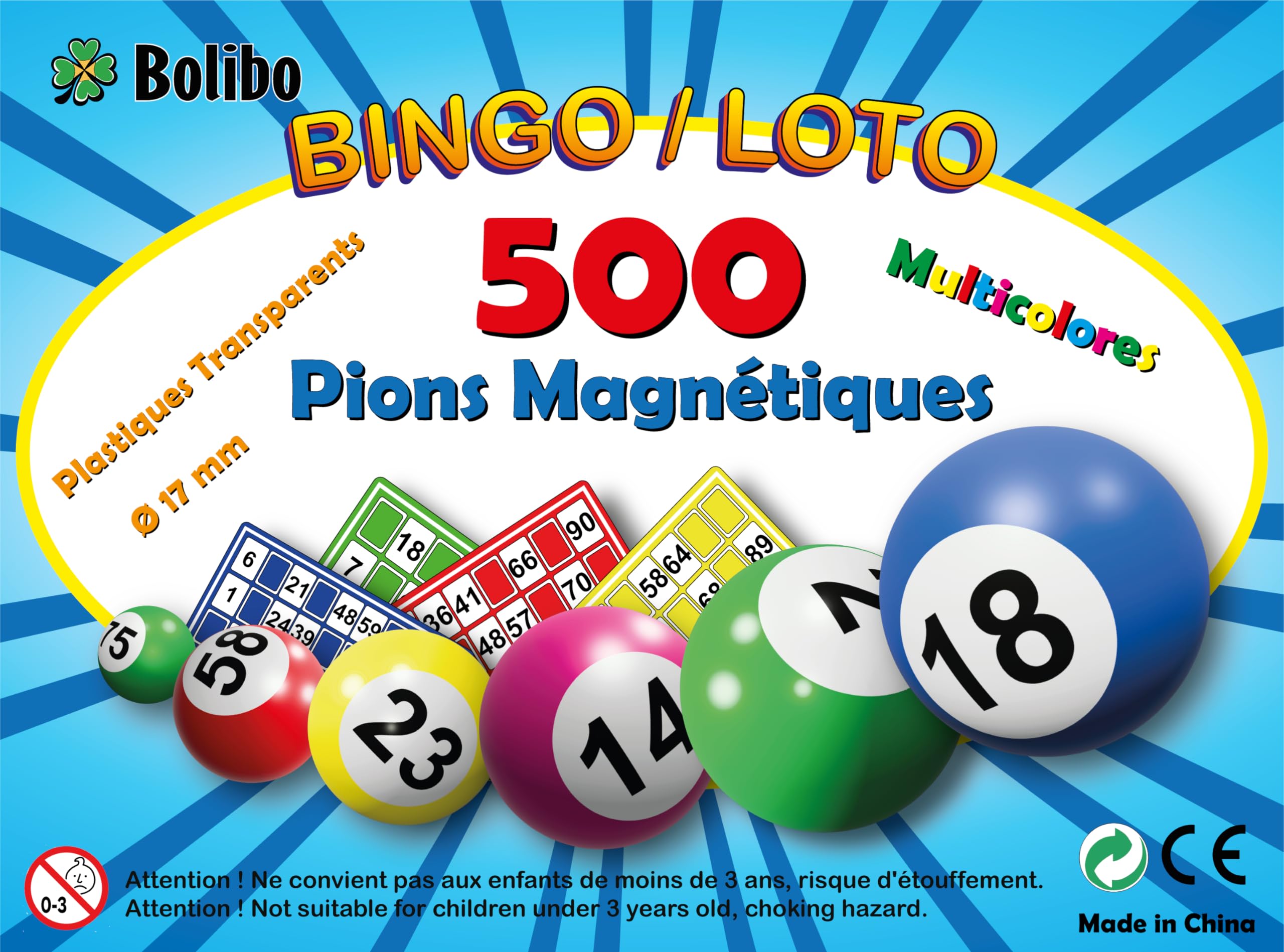 Bolibo - 500 - JETON Loto magnétique, boîte de 500 PIONS magnétiques - 17mm de diamètre - Multicolores - en Plastique Transparent - Bingo