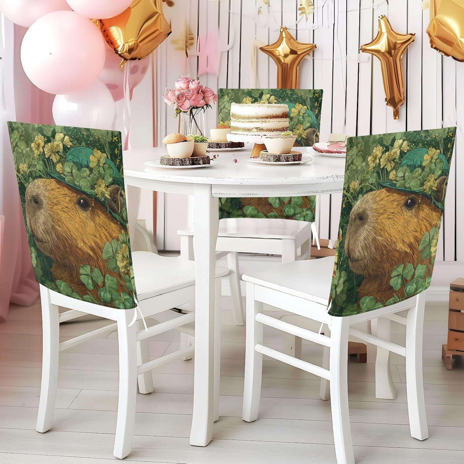 ALAZA St Patrick's Day Cute Capybaras Clovers Chair Back Cover Set of 6, Washable Reusable Removable Chair Slipcovers Decorative Chair Cover for Home Kitchen Wedding Party