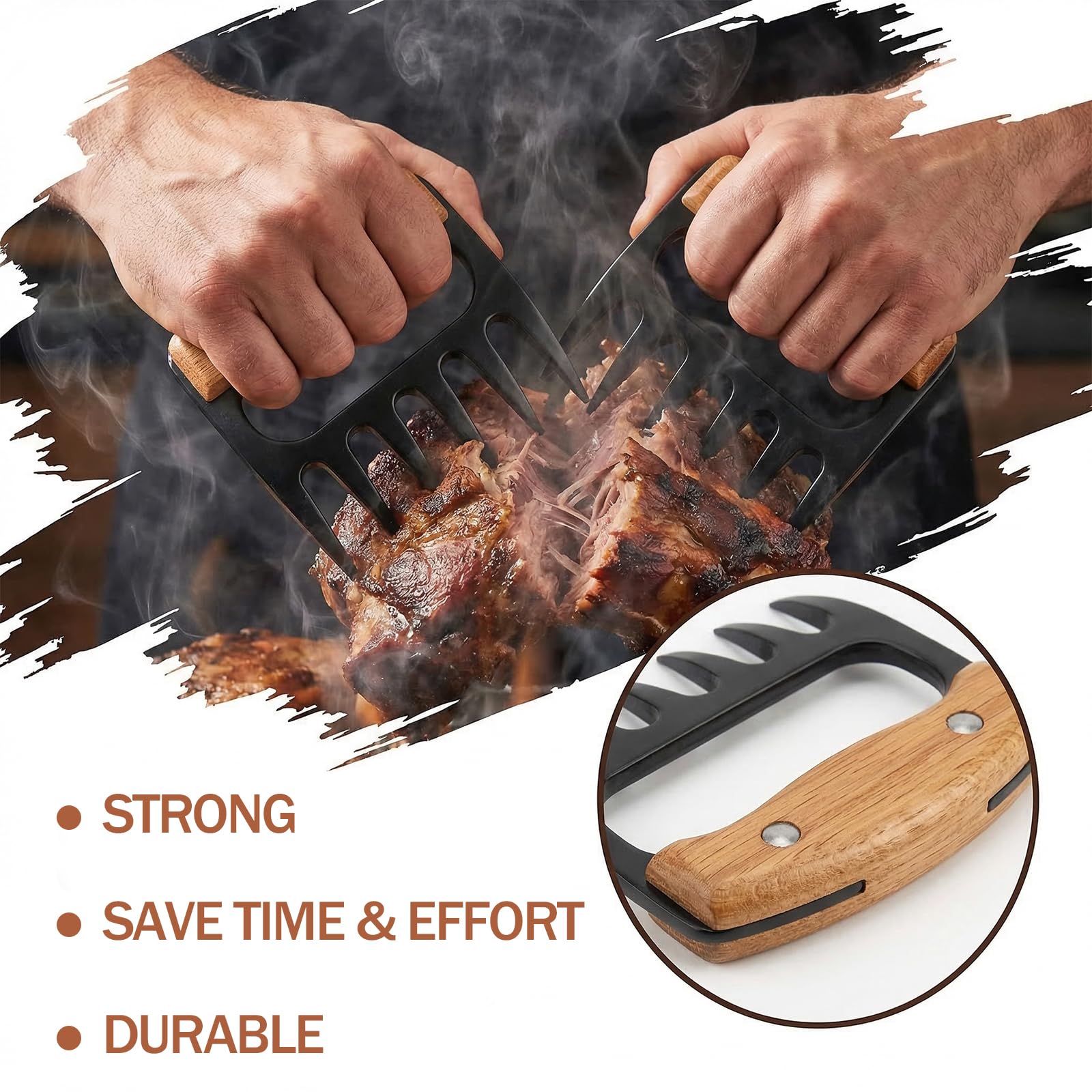2 Pieces Meat Shredder Bear Claws with Wooden Handles – Chicken Shredder Tool for Pulled Pork, BBQ Meat Shredding, Barbecue Accessories, BBQ Gadgets - 5