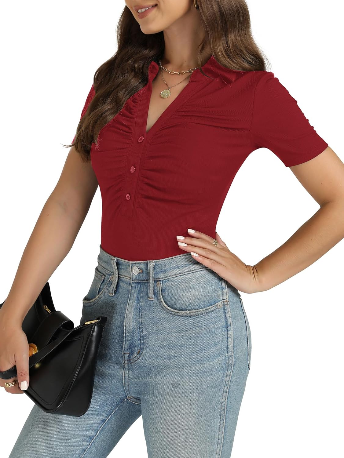 OPOIPIN Women's Rib Knit Collar Deep V Neck Ruched Buttons Short Sleeve Bodysuit Leotard Top - Image 4