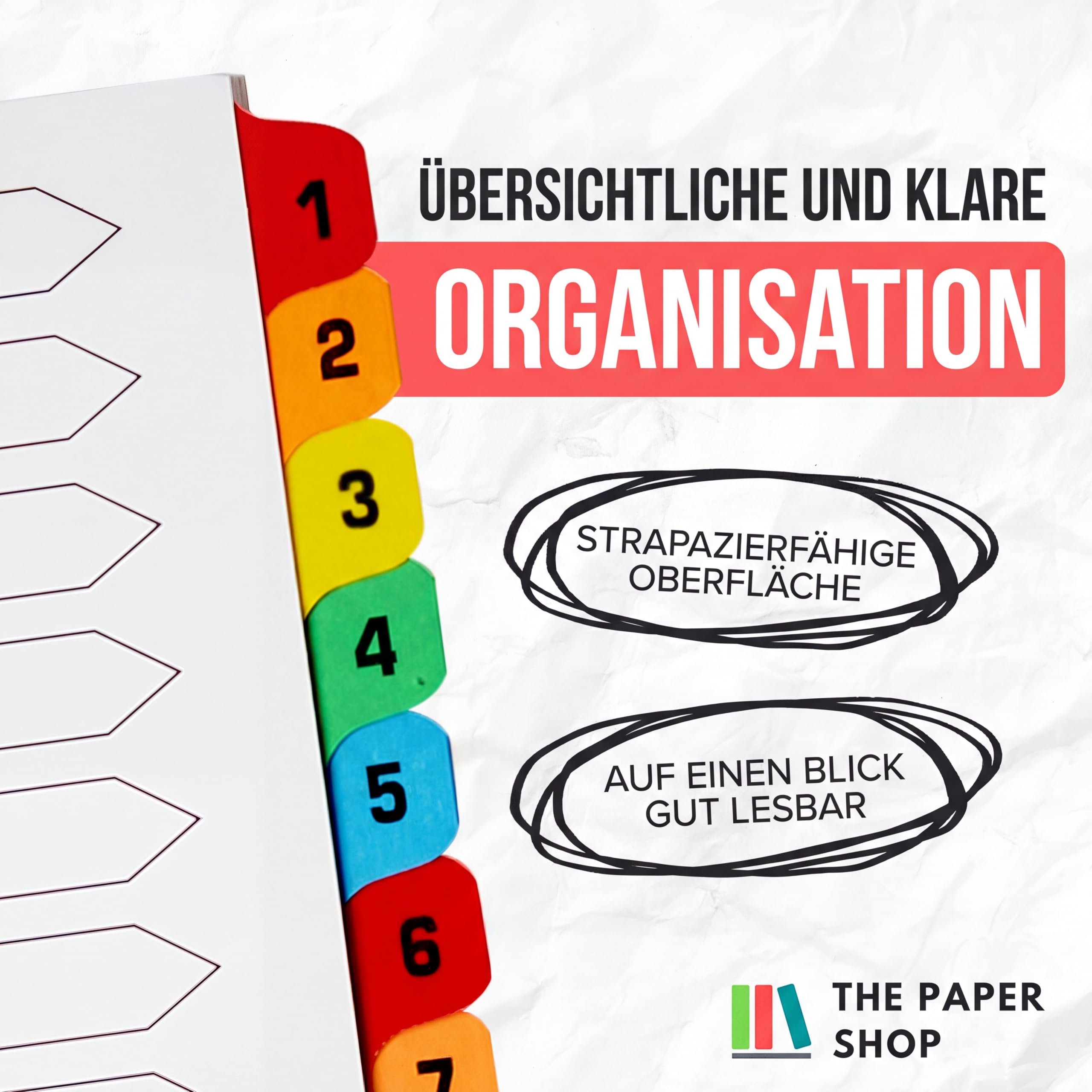 The Paper Shop A4 Ordner Register Unterteiler Hochformat 150 g/m² | 10 Pack | 20-Teilig Nummeriert 1-20 | Mehrfach Gelocht | Verstärkte Farbige Tabs Für Büro Schule Archiv Organisation