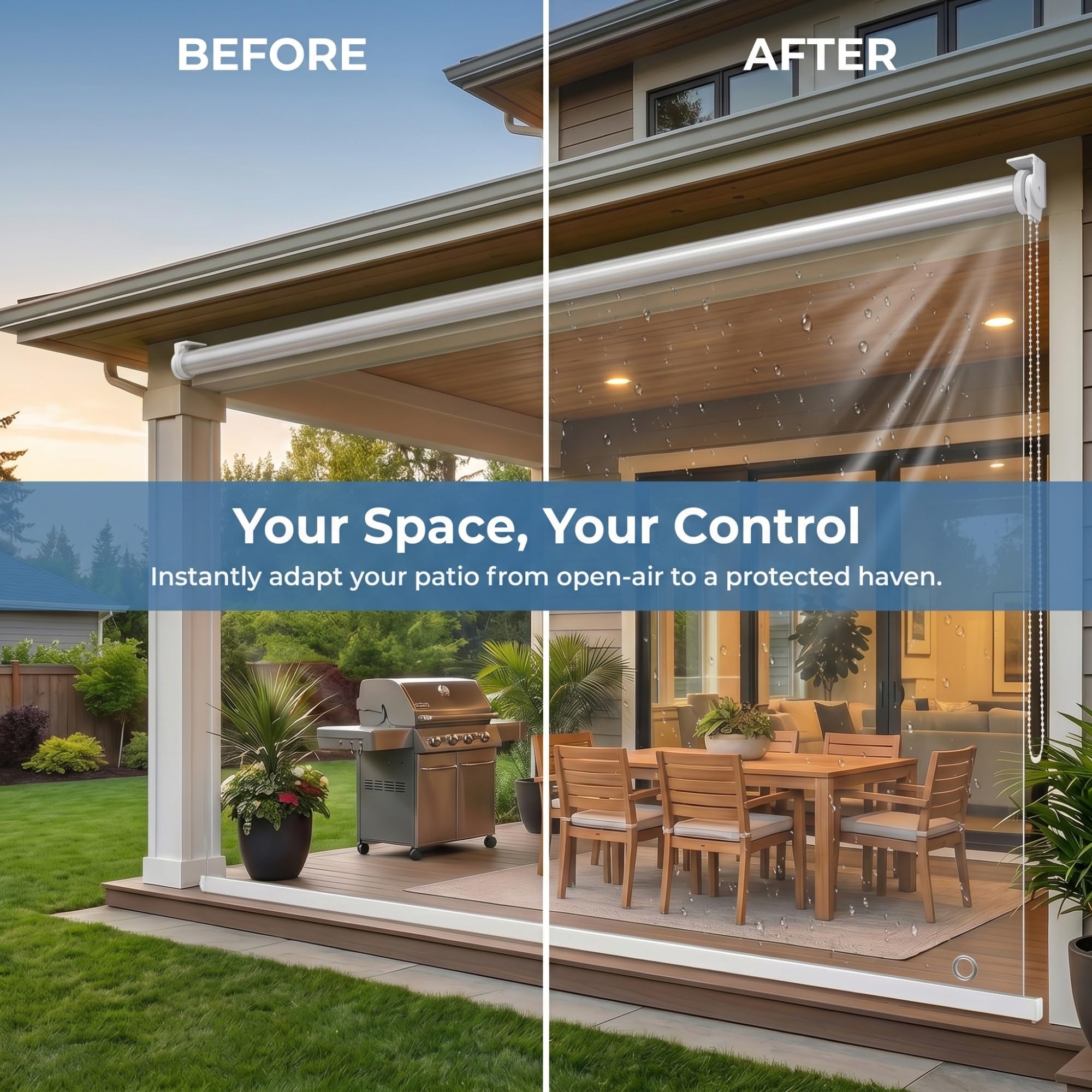 Wasserdichtes Rollo, Transparent Reißfeste PVC-Folie,für Garten-Pergola & Balkon-Terrassen,HD-Klarsicht Außenrollo mit Windschutz, Staubdicht & UV-Blocker Aufrollbares(W95*H220cm/W37.4*H86.6in)