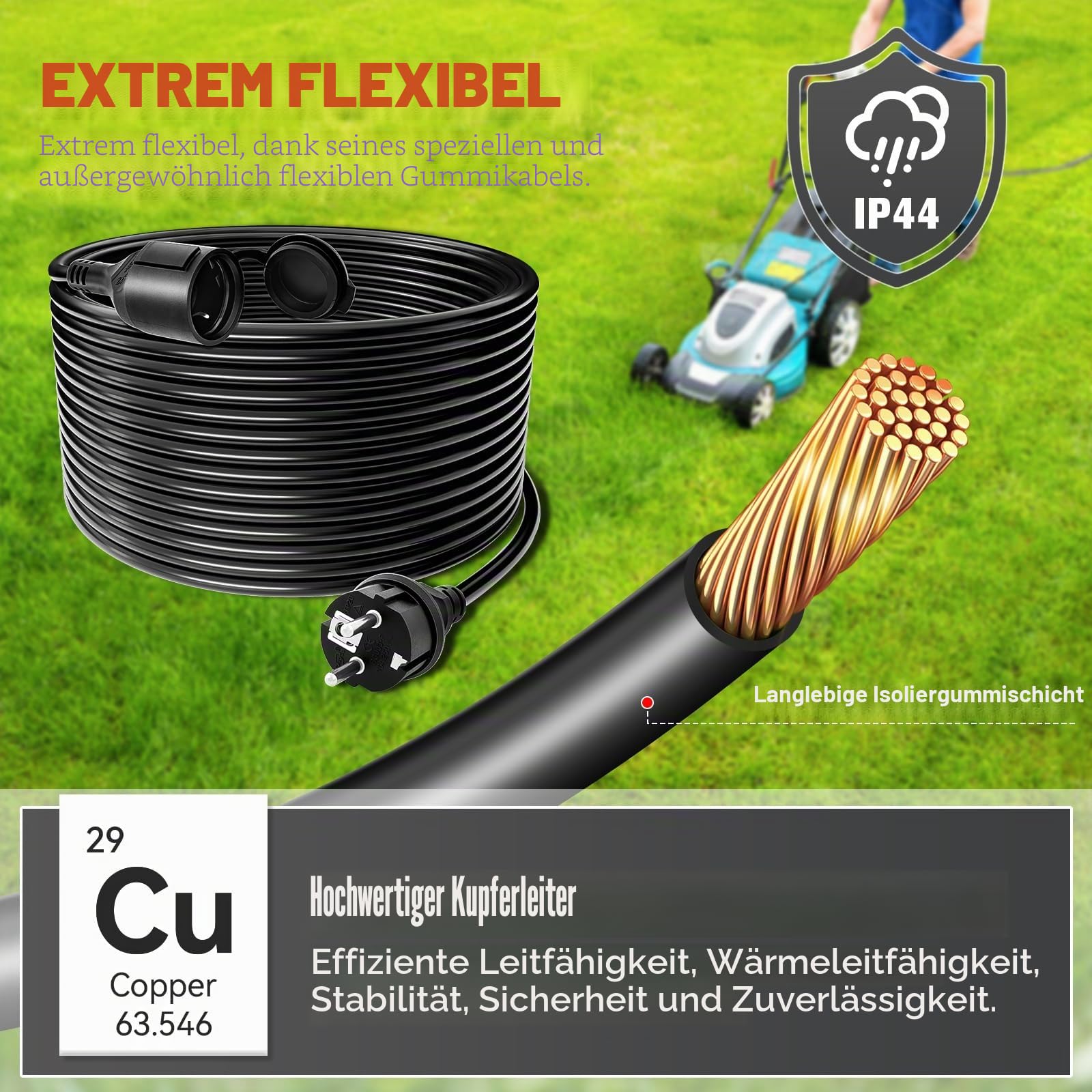 Außen-Stromverlängerung 40m, Verlängerungskabel 40m mit Schutzkappe - IP44 außen, Querschnitt 3G1,5 mm², Belastungsgrenze 16A/250V, Schutzkontakt für innen & außen