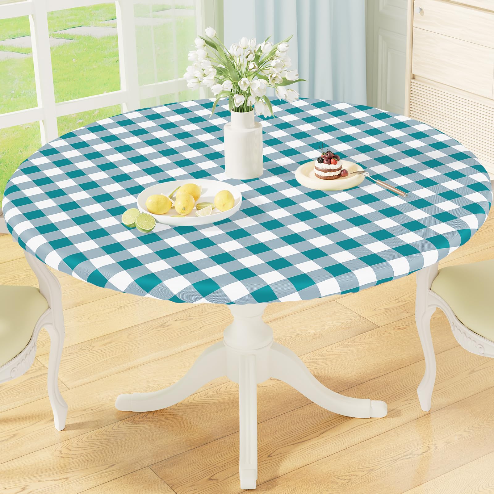 misaya Round Fitted Tablecloth with Elastic Edge, Buffalo Plaid Waterproof Vinyl Flannel Backed Table Cloth Cover Fits 45"-56" Round Tables for Dinner, Outdoor, Picnic, Turquoise White Check