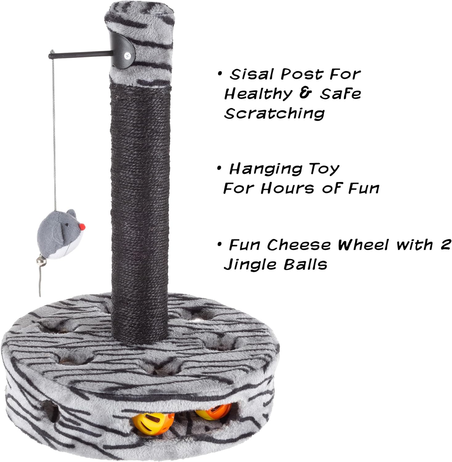 Cat Scratching Post - Interactive Play Area with Sisal Rope Scratcher and Hanging Toy for Indoor Cats - Scratch Tree for Pets by PETMAKER (Black/Gray)