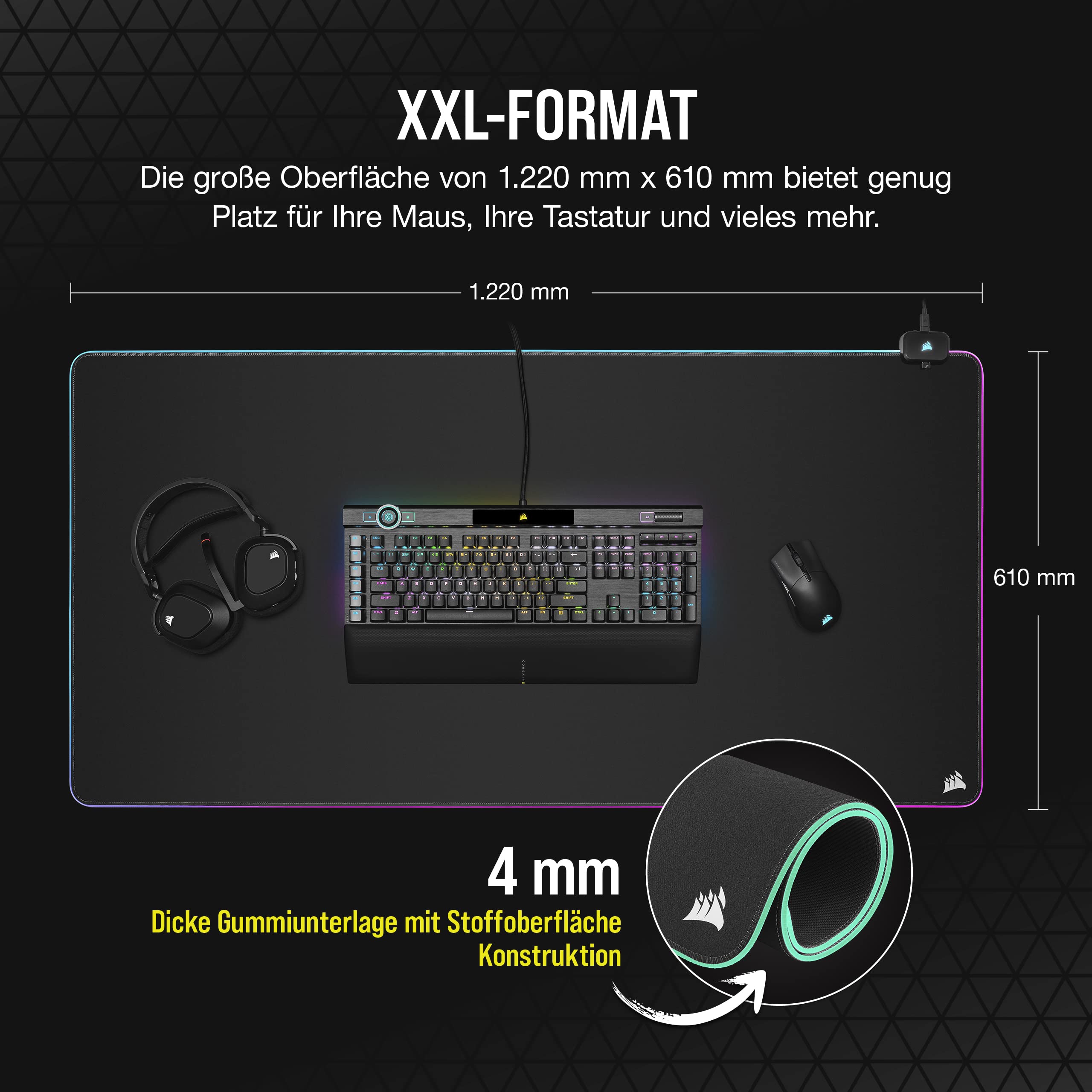 Corsair MM700 RGB Extended 3XL Gaming-Mauspad mit Stoffoberfläche - Oberfläche von 1220 × 610 mm - 360°-DREI-Zonen-RGB-Beleuchtung - USB-Hub mit Zwei Ports - rutschfeste Gummiunterlage - Schwarz 610L – Bild 4