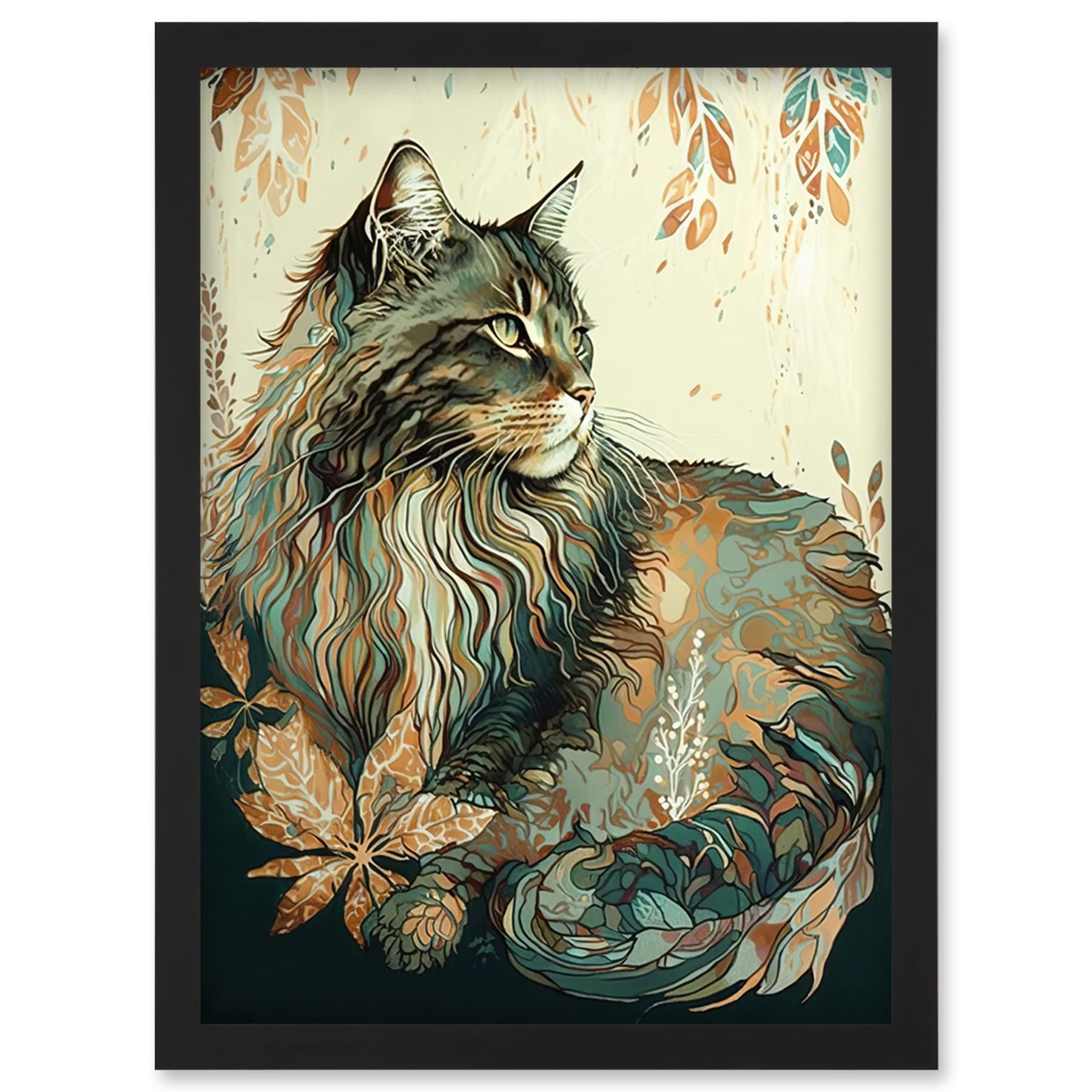 B&Q -  Maine Cat With Flower Pattern Modern Watercolour Illustration Wall Art PrintA4 Size
