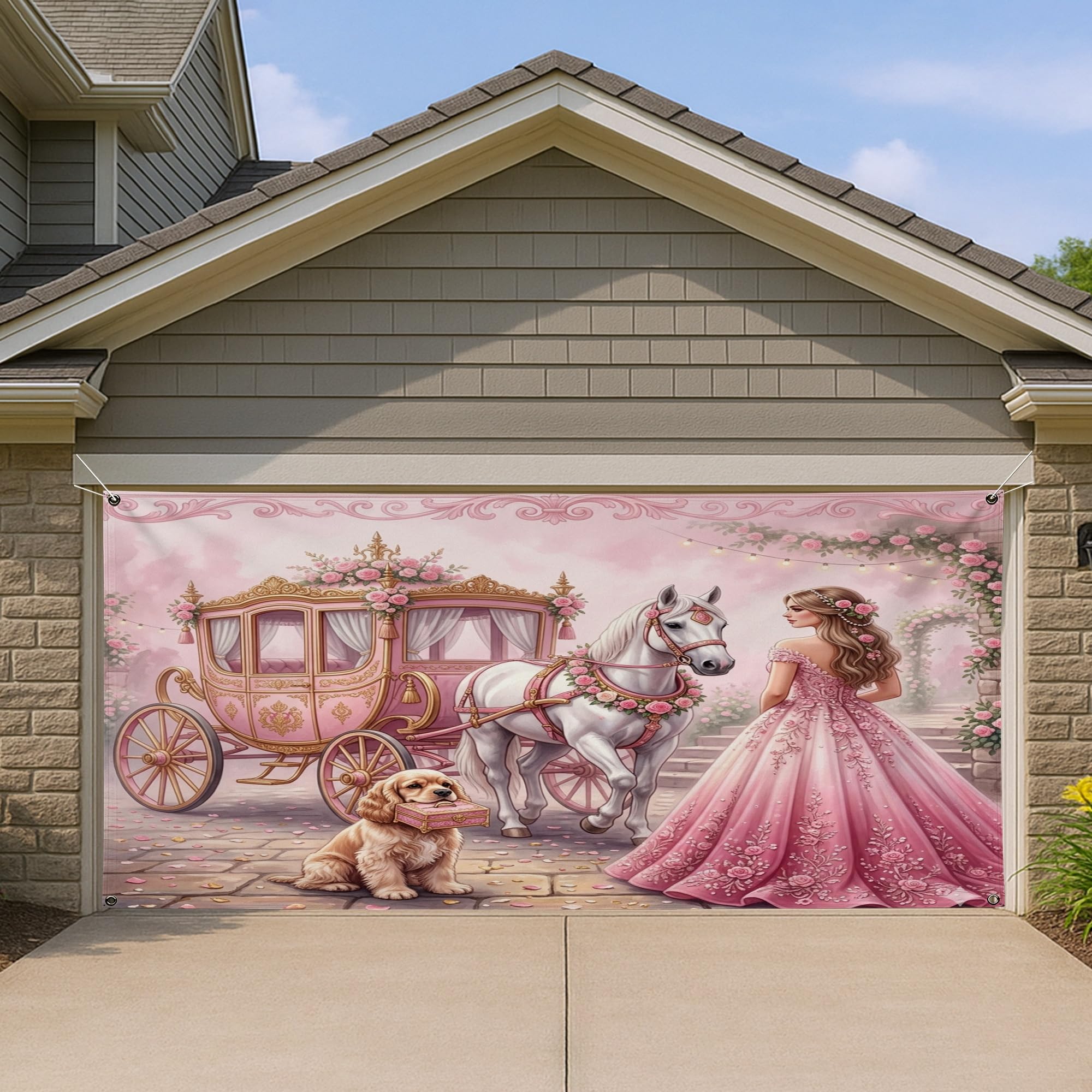Decoración de boda para garaje de 1.8x4m con diseño romántico de perros y carruaje