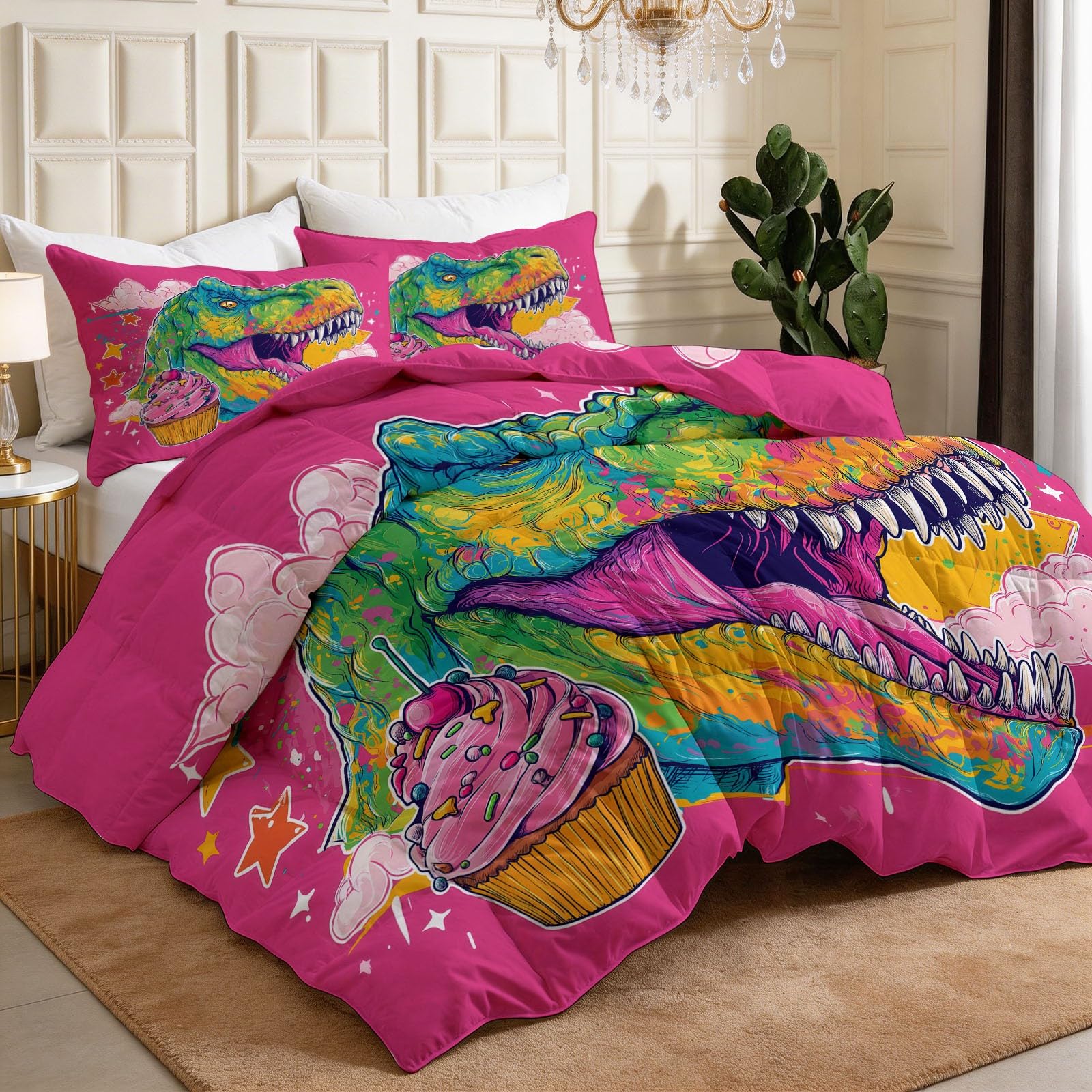 Kołdra Super King 7,5 Tog, dwustronny nadruk, kreskówkowy dinozaur T Rex, graffiti, dla dorosłych, oddychająca, miękka, całoroczna, hipoalergiczna, można prać w pralce, fioletowa, 260 x 220 cm
