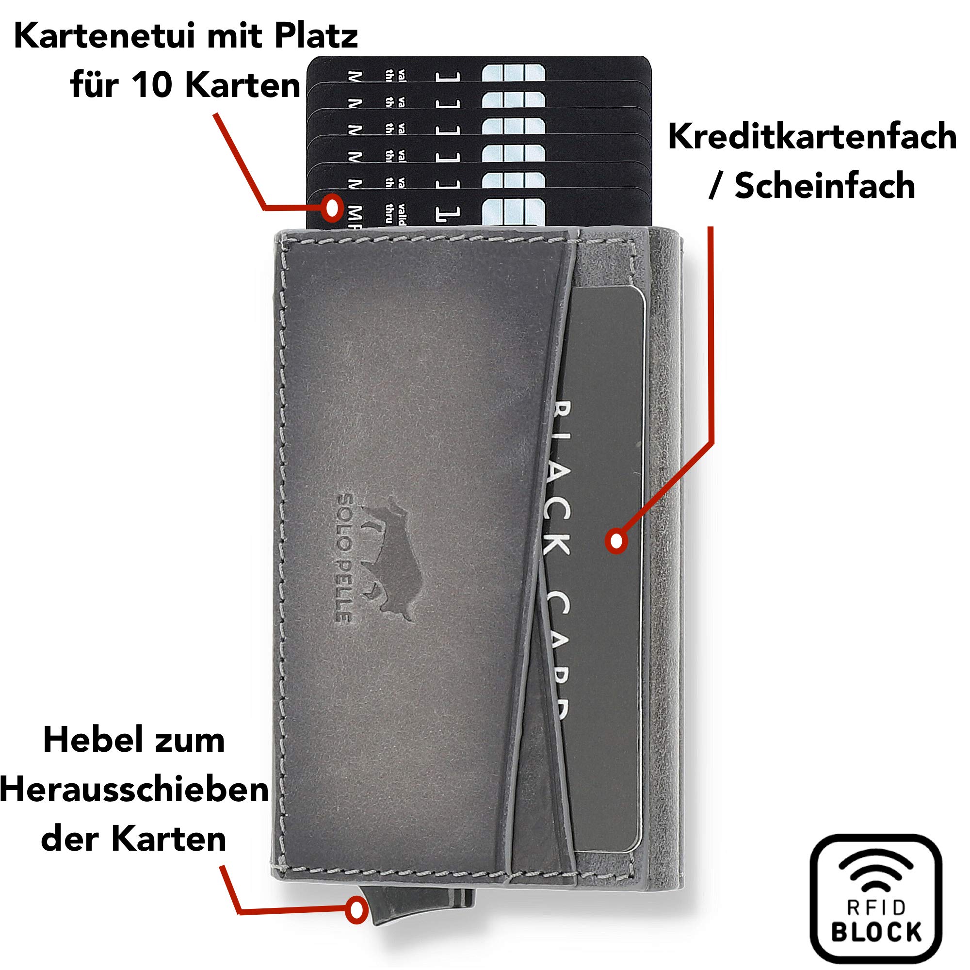 Solo Pelle Kartenetui | Kreditkartenetui | Leder Geldbörse Slim Wallet Portmonee | Geldbeutel mit RFID Schutz für bis zu 8 Karten Model: Mech (Steingrau mit Kleingeldfach)