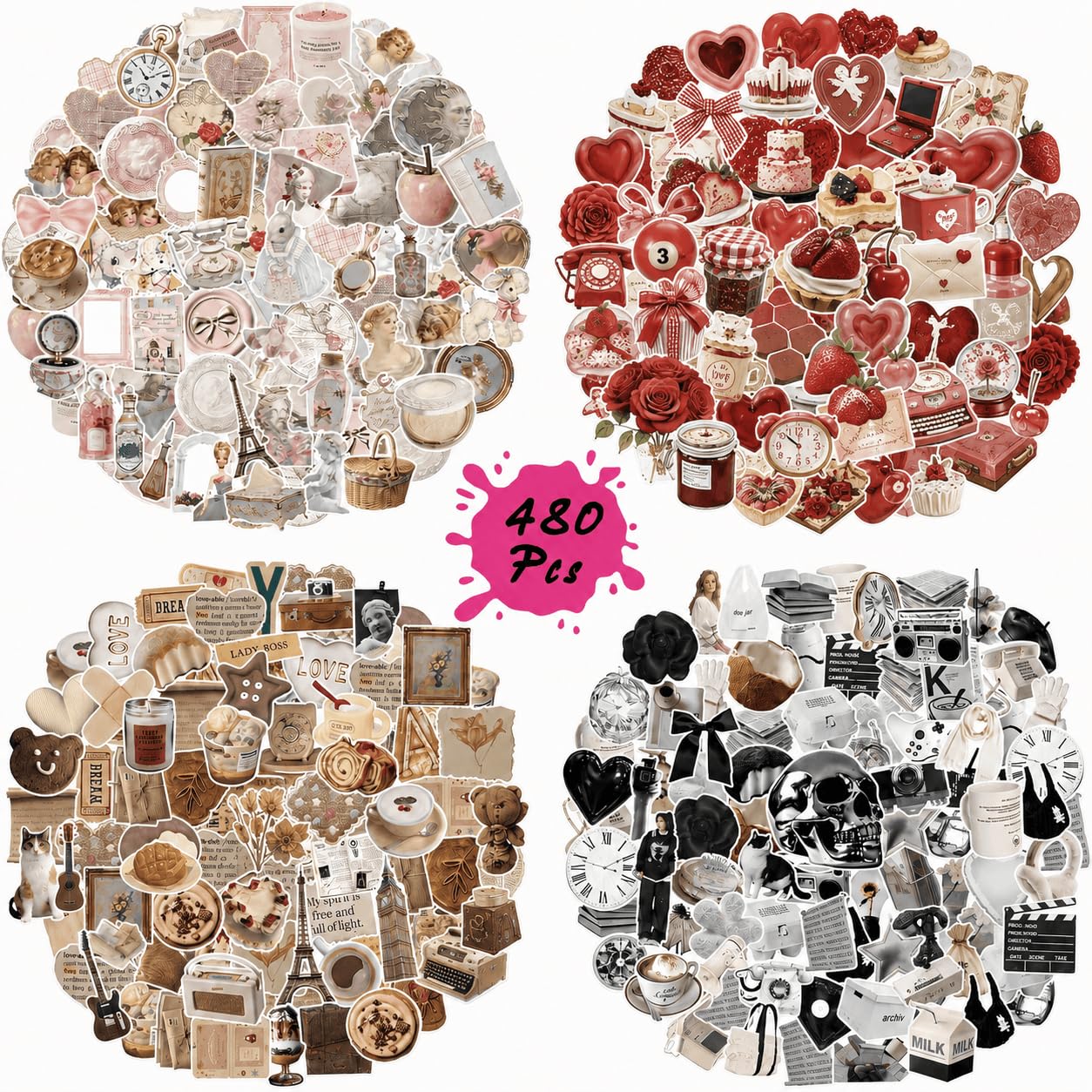 480 Pcs Vintage Aesthetic Stickers Set - Waterproof Vinyl Decals in 4 Colour Themes (Pink, Brown, Red, Black & White) for Scrapbooking, Kindle, Laptop, Water Bottles, Journaling & DIY Crafts
