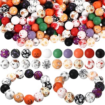 Ferreve 120 Pcs 15mm Silicone Beads Bulk Silicone Beads Print Rubber DIY Bracelet Making Kit for Keychain Making Pens Necklace JewelryHalloween