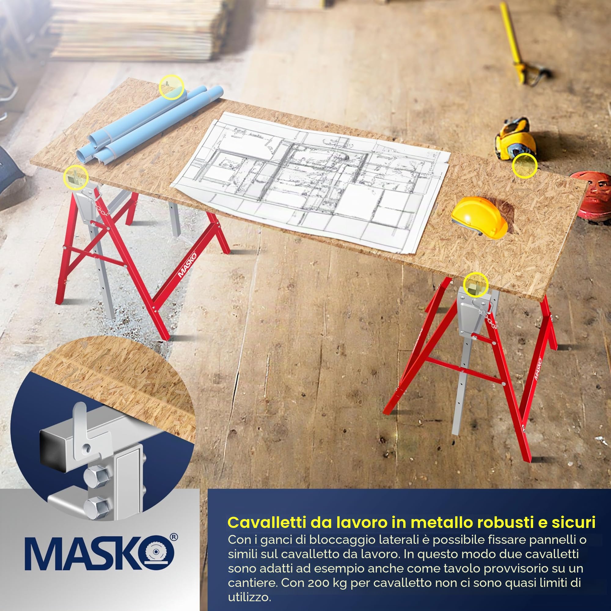 MASKO® Cavalletto da lavoro telescopico | Cavalletto pieghevole max. portata 200 kg | Regolabile in altezza min/max. altezza di lavoro 800 – 1300 mm | con guanti, Set di 2 - Argento/Rosso