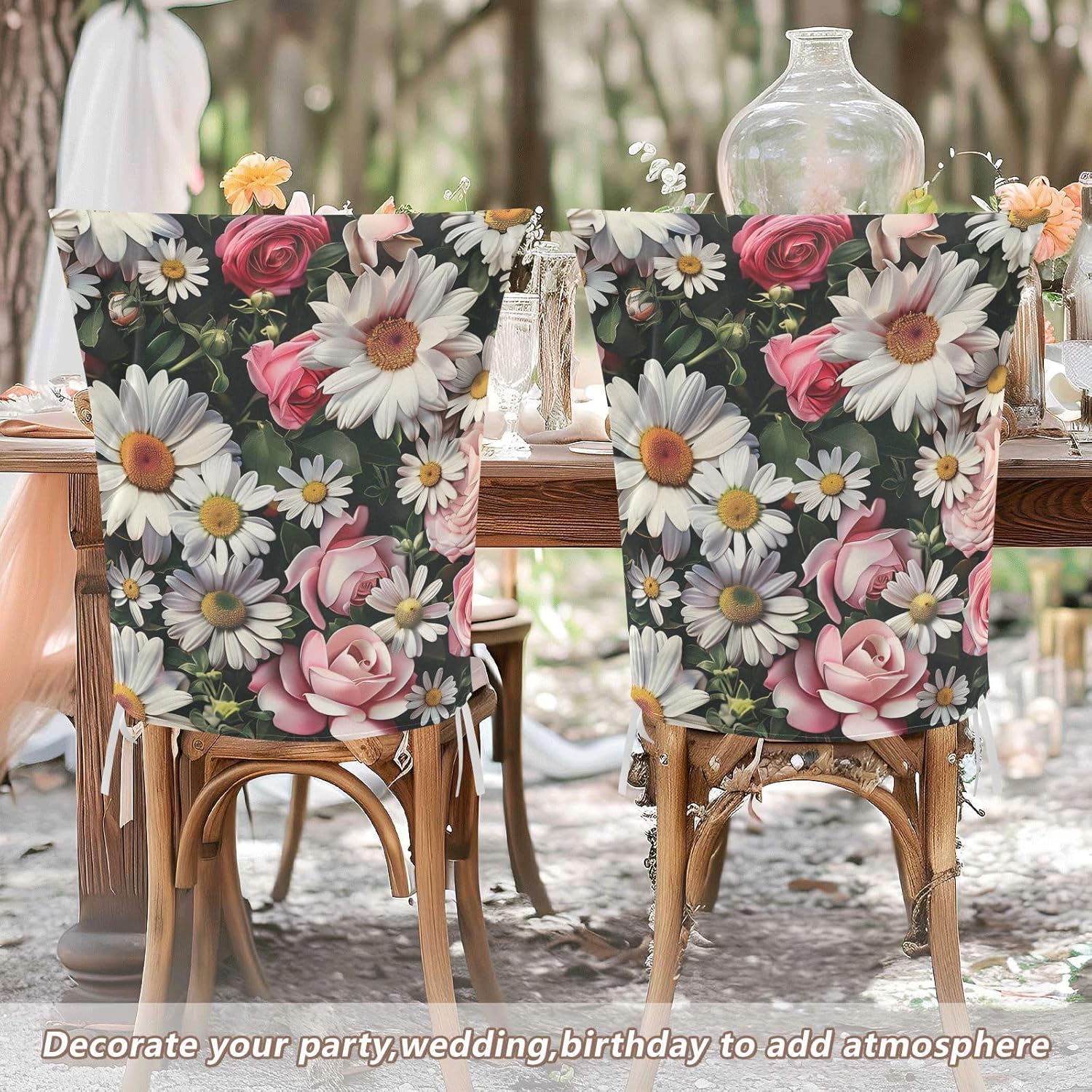 ALAZA Daisy Flowers Roses Chair Back Cover Set of 6, Washable Reusable Removable Chair Slipcovers Decorative Chair Cover for Home Kitchen Wedding Party