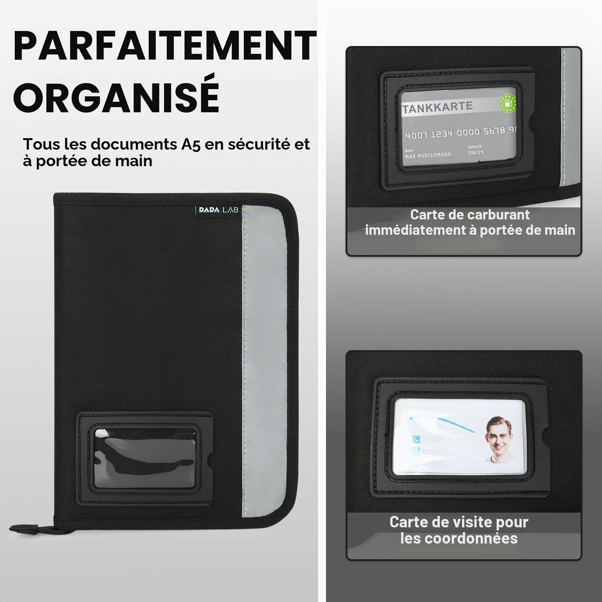 Porte-documents A5 pour boîte à gants de voiture - Organiseur auto - 4 compartiments - Bandes réfléchissantes - Compartiment séparé pour cartes - Porte-documents Noir