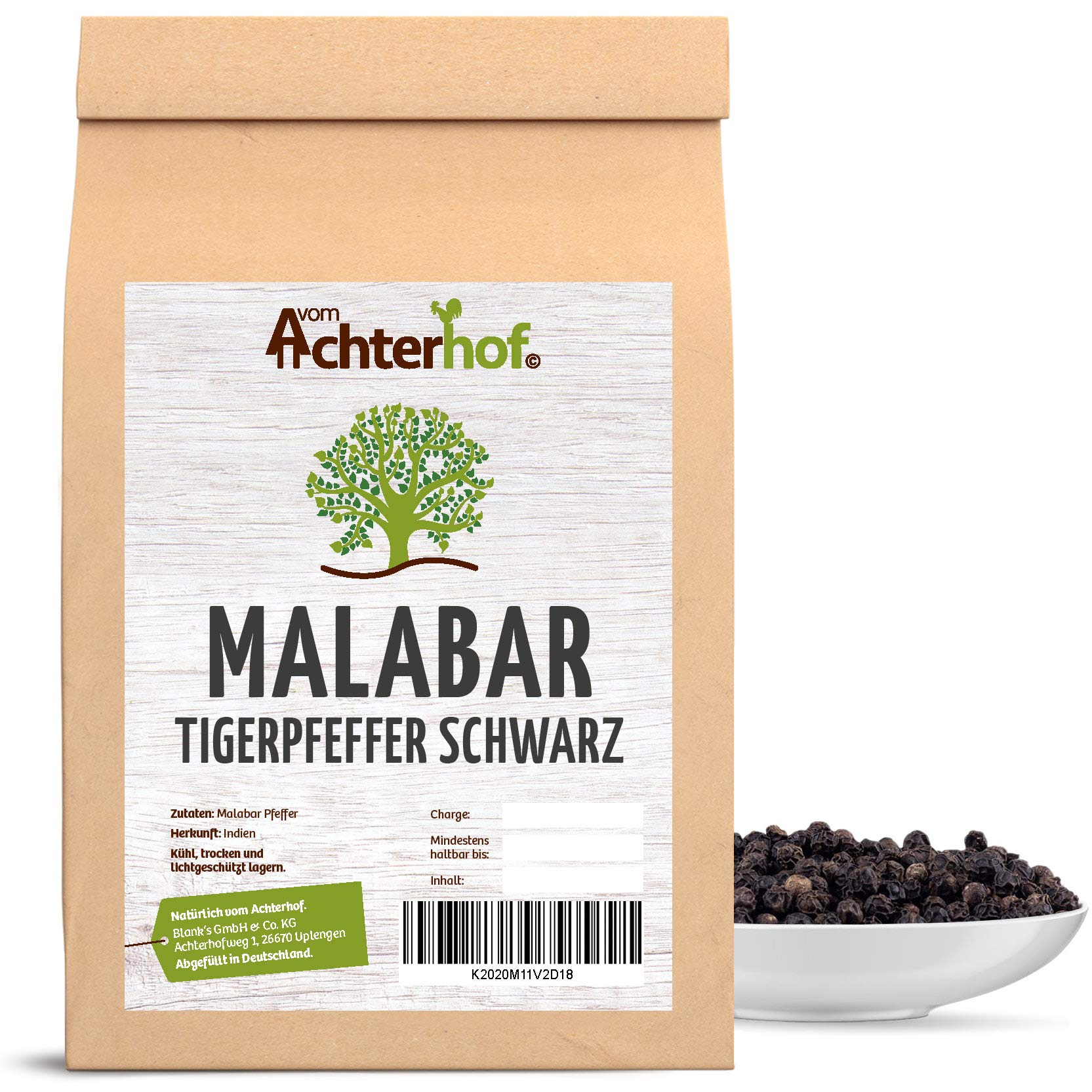 500 g Malabar Pfeffer schwarz ganz Tigerpfeffer schwarze Pfefferkörner von der Malabarküste
