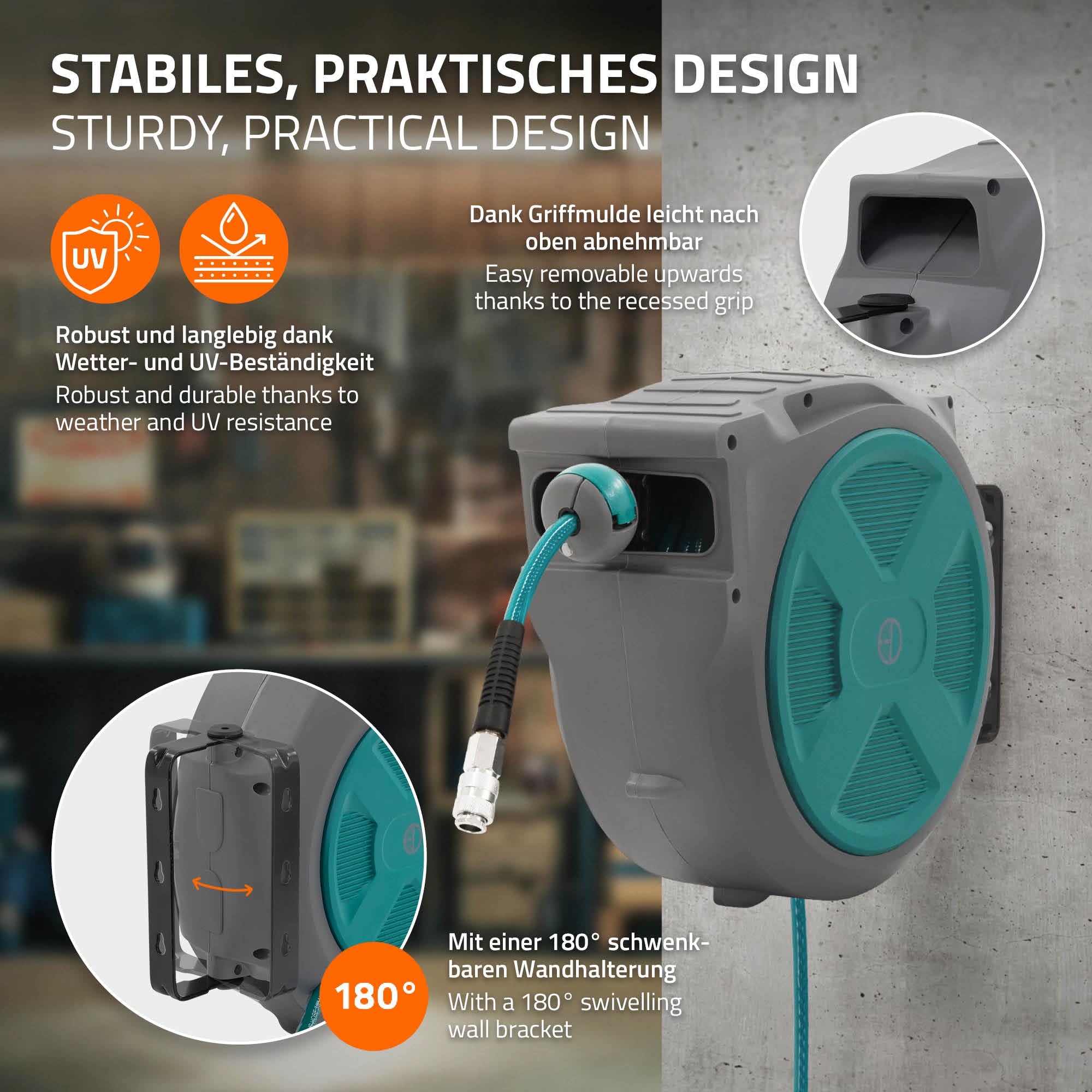 ECD Germany Druckluftschlauchtrommel 20m+2m, Automatischer Aufroller mit Arretierfunktion, 1/4" Anschluss, Schnellkupplung, 15 bar, 180° schwenkbar, Ø12mm, Automatik Schlauchaufroller für Wandmontage