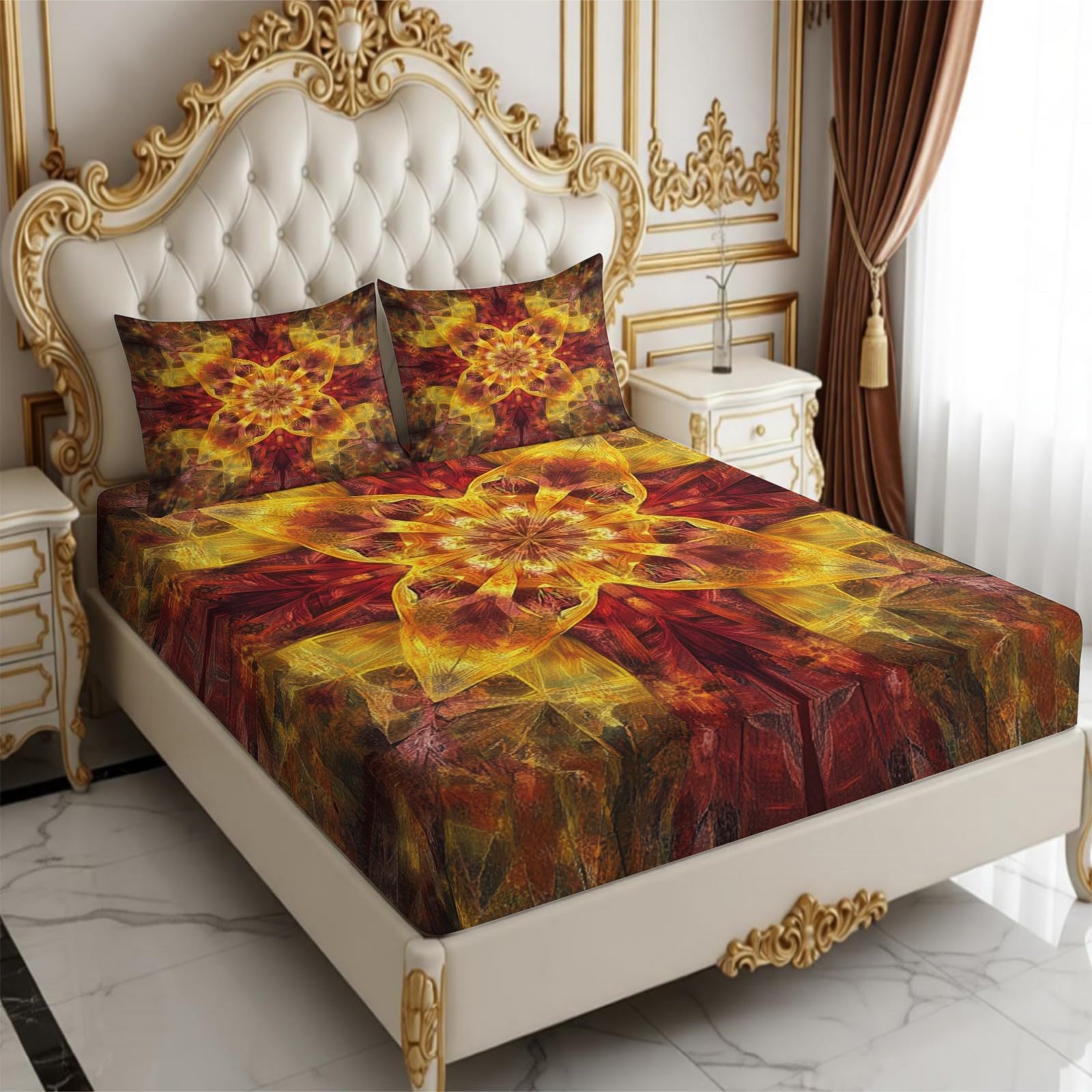 Lenzuolo con Angoli 180 x 200 cm Microfibra Caleidoscopio astratto Lenzuolo Sotto Elasticizzato Profondo 25 cm giallo per Singolo e Matrimoniale
