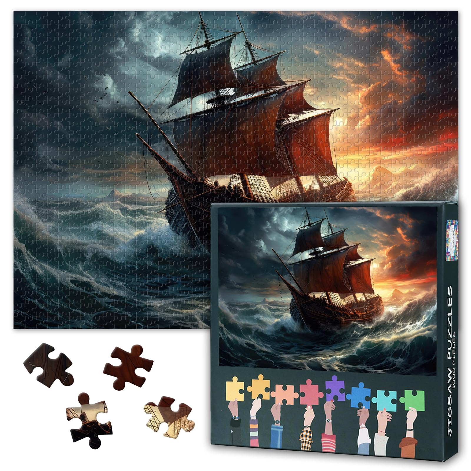 1000 Piece Jigsaw Puzzle for Adults Dramatic Maritime Adventure Old Ship Battling Fierce Waves Dark Storm Clouds Atmospheric Ocean Scene Challenging Puzzle Art Home Decor Gift 27.5x19.7 Inches