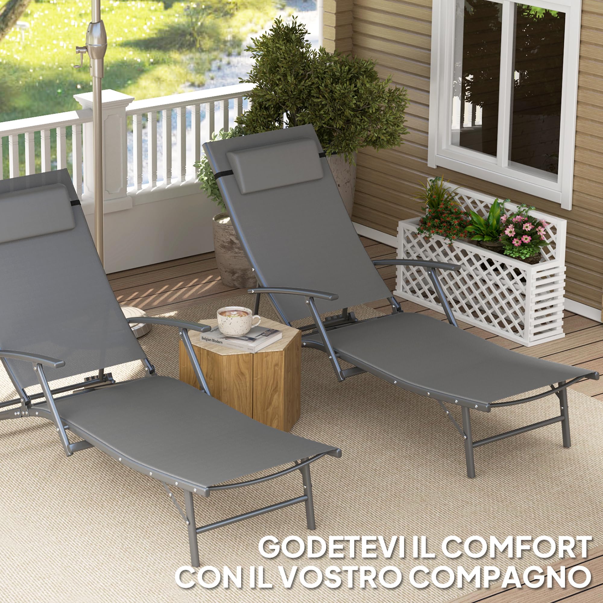 Outsunny Set di 2 Lettini Prendisole Pieghevoli 64x168x75 cm Grigio | Schienale Regolabile su 4 Livelli, Sdraio da Giardino, Seduta e Poggiatesta in Acciaio e Textilene, per Spiaggia e Piscina