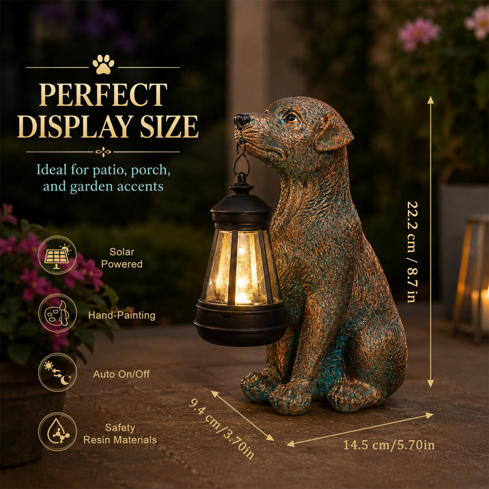 Yeomoo Statuetta a forma di cane con lanterna solare, decorazione da giardino in resina, per esterni, rame
