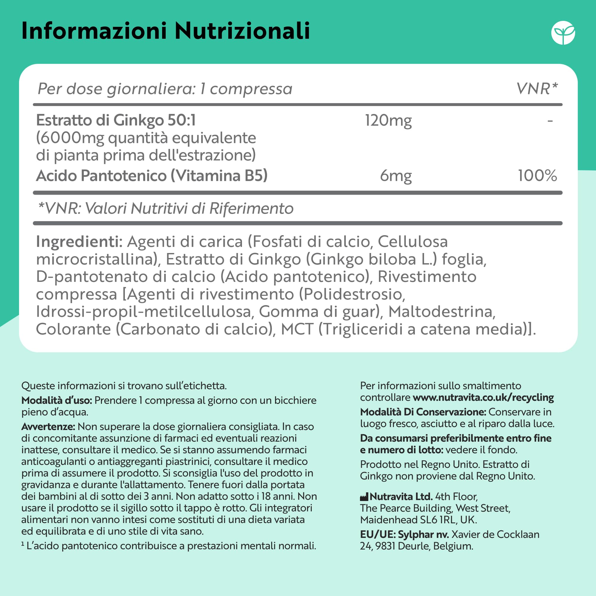 Nutravita Ginkgo Biloba 6000 mg – 365 Compresse Vegane per 1 Anno – Ginko Biloba Integratore Alimentare con Vitamina B5 (Acido Pantotenico) – Estratto 50:1